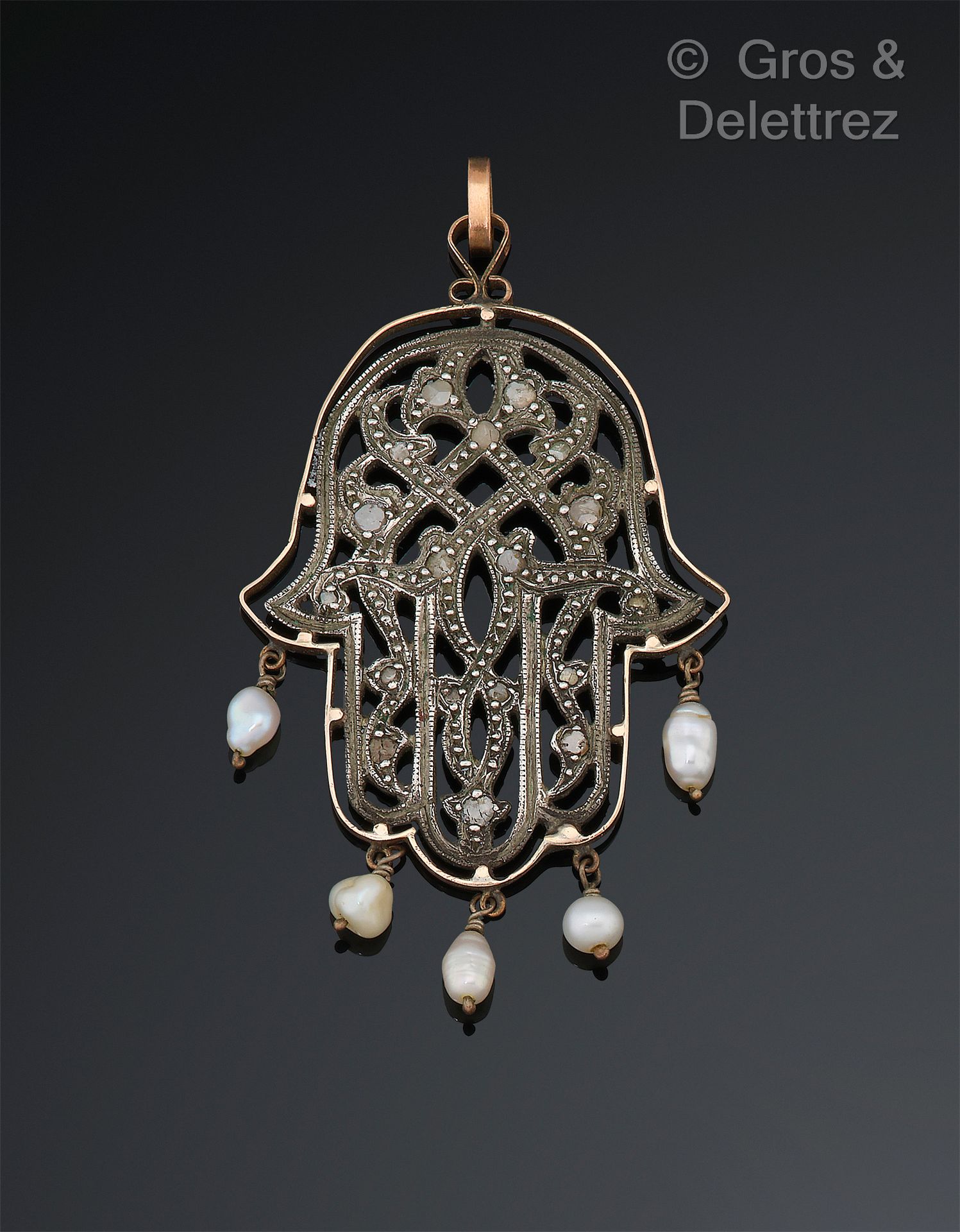Null Pendant "Hand of Fatma" in yellow gold and silver (hallmark ET) set with ro&hellip;