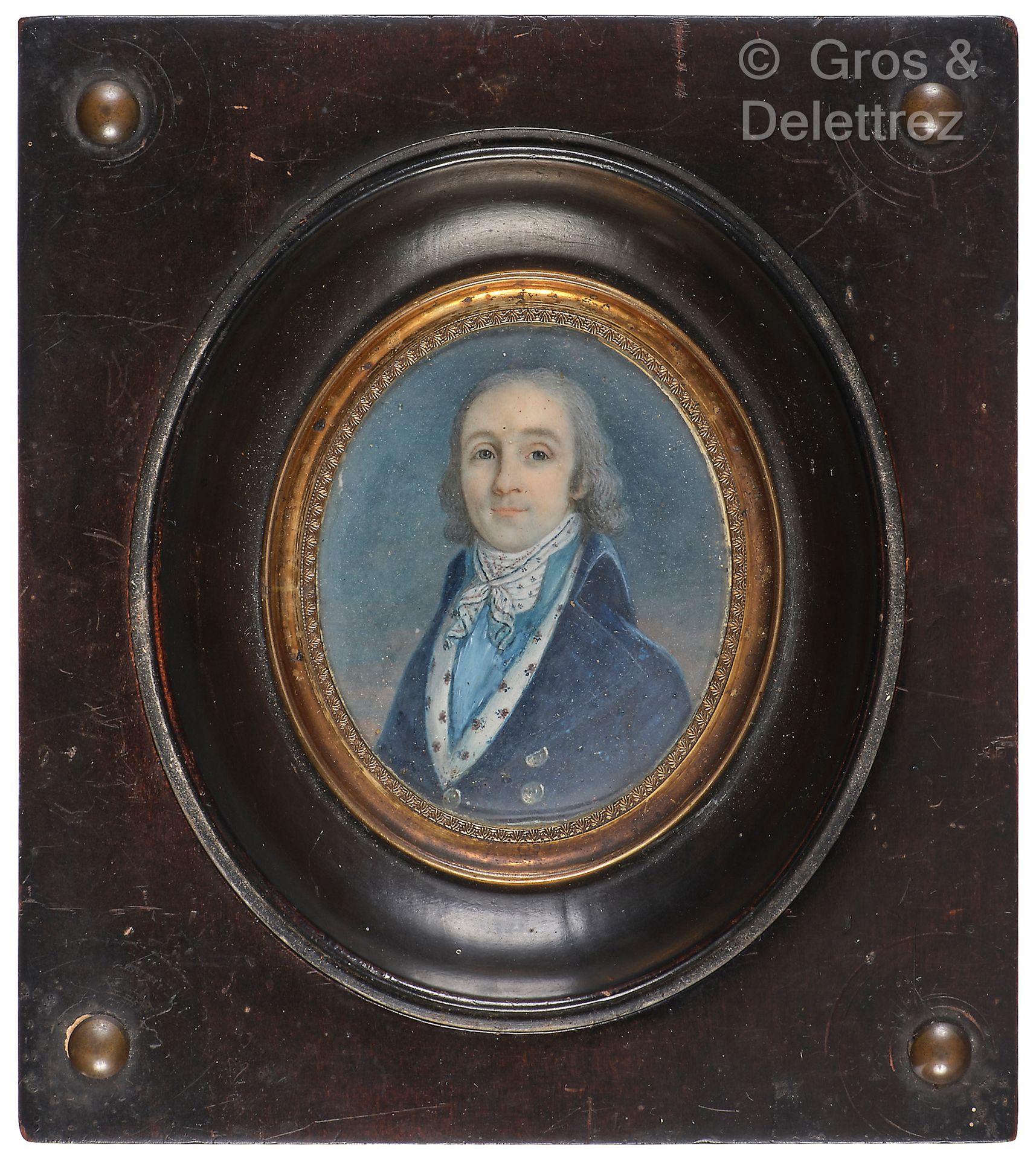 Null Schule aus dem 19. 
Porträt eines Mannes mit blauem Gehrock.
Ovale Miniatur&hellip;
