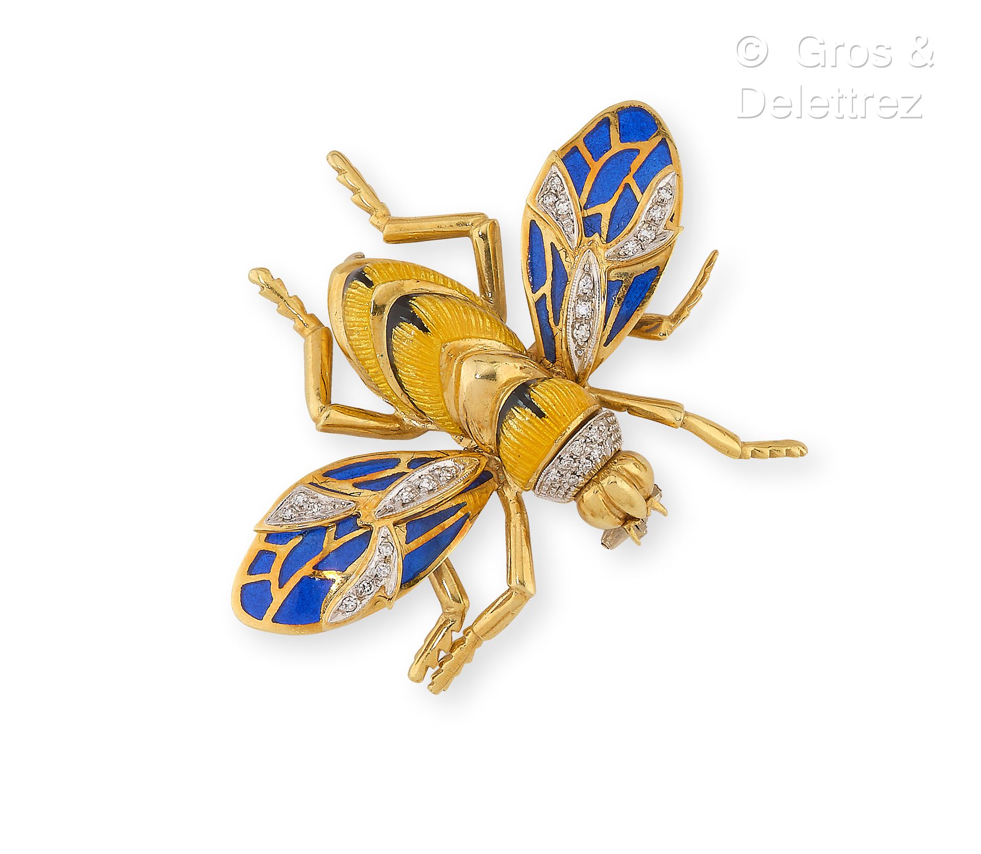 Travail italien 蜜蜂 "黄金和白金胸针，75万分之一的凿刻和铡刀，翅膀上有蓝色珐琅，胸部和腹部有黄色和黑色的珐琅，有8/8切割的钻石加强。尺寸：&hellip;