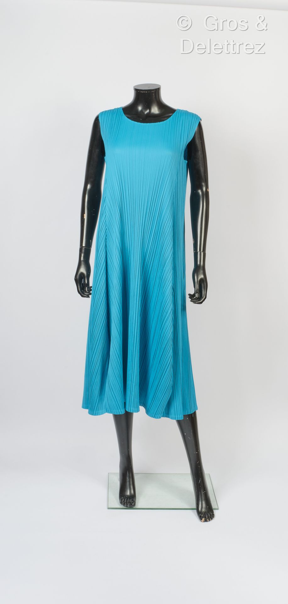 PLEATS PLEASE Sleeveless dress in light blue pleated polyester, round neckline. &hellip;