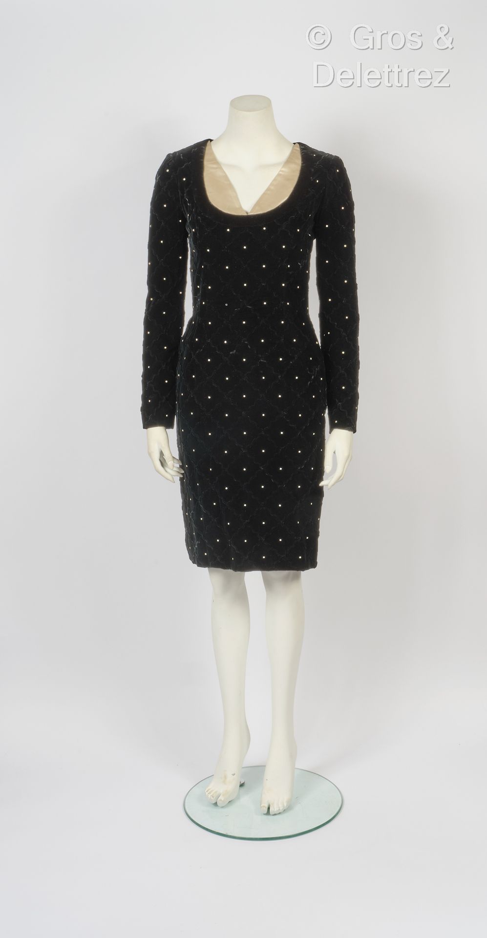 LANVIN Circa 1980
Black cotton velvet dress with white imitation pearls, round n&hellip;