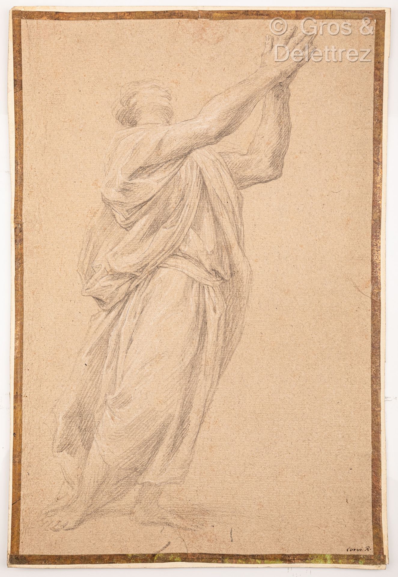 Null 多米尼克-科维 (1721-1803)
垂头丧气的人，双臂高举
棕色纸上的黑石、白粉笔，上面刻有 "Corvi.R.
40.5 x 27 厘米。
这幅&hellip;