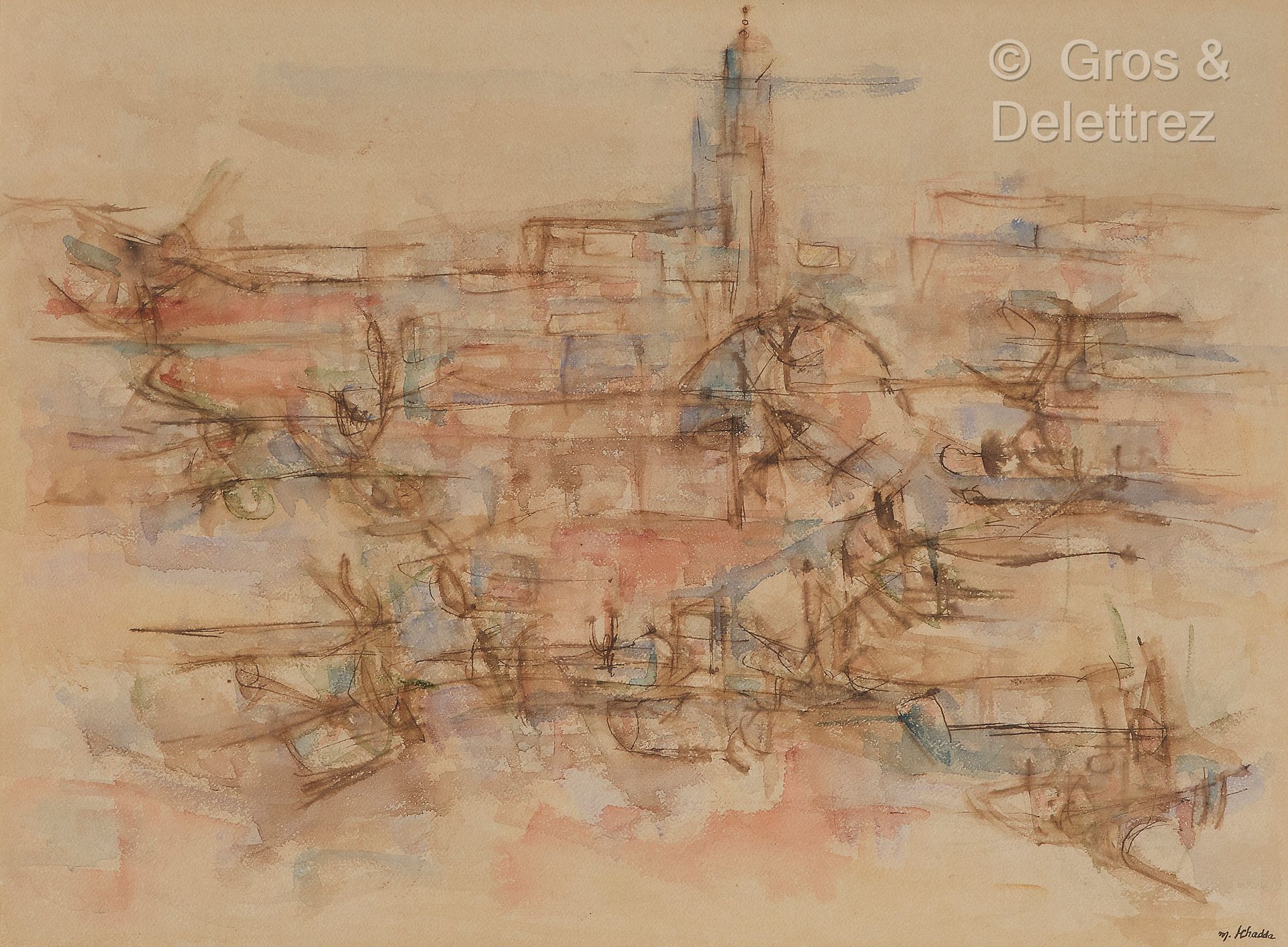 Mohamed KHADDA [ALGERIE] (1930-1991) 麦地那的景色
纸上水墨和水彩画。
右下方有签名。
38 x 51厘米（见图）。