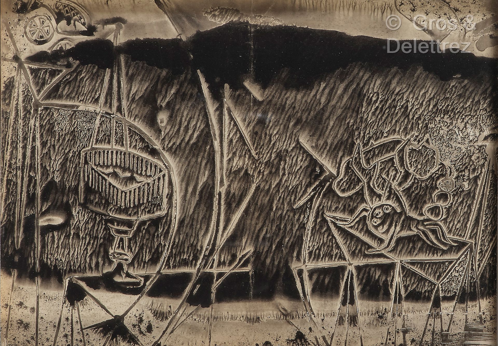 Oscar DOMINGUEZ [FRANCE-ESPAGNE] (1906-1957) 酒杯和蝎子
纸上水墨和水彩。
背面印有 "Etude de Me Rh&hellip;