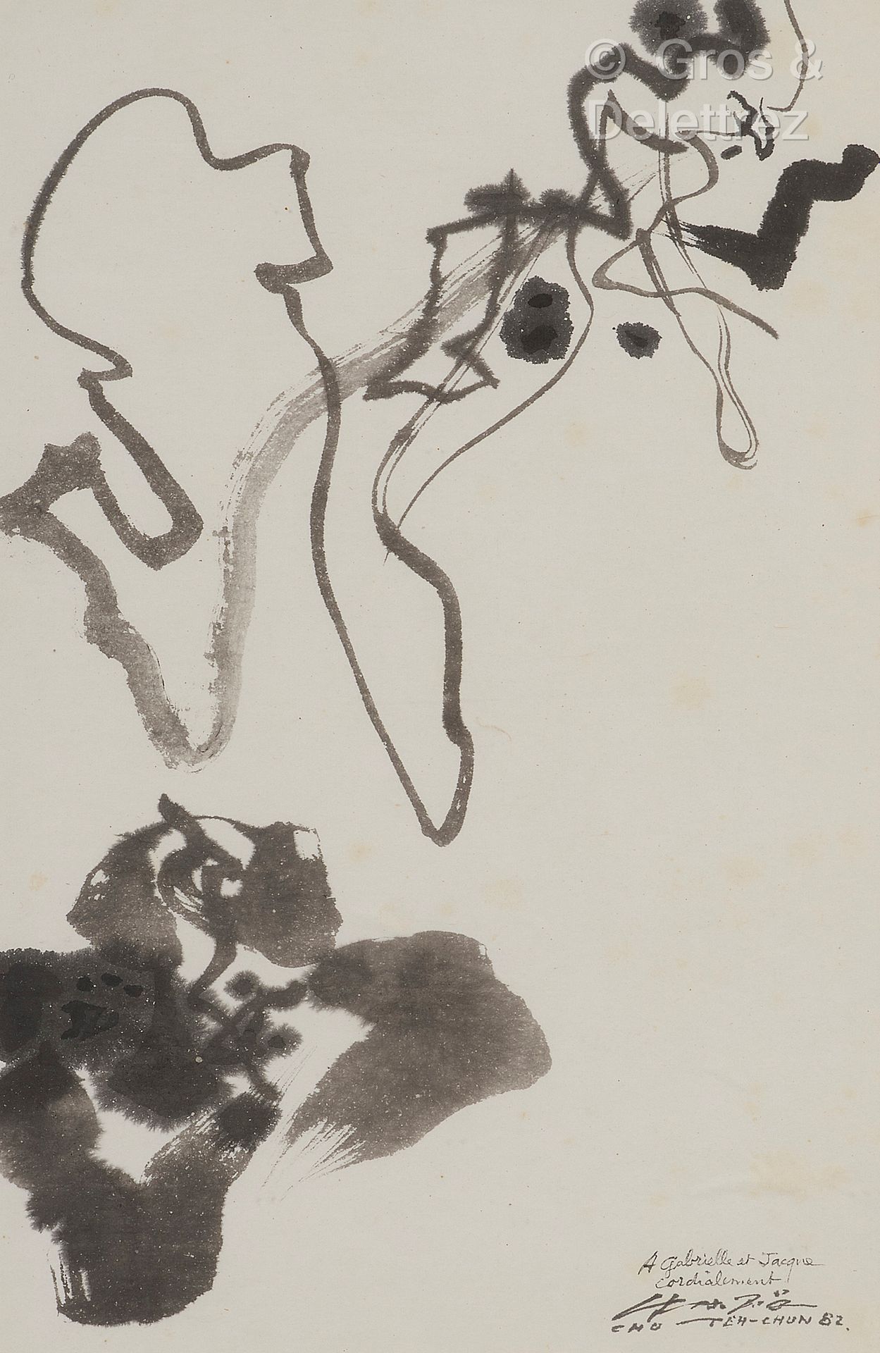 CHU Teh-Chun [FRANCE-CHINE] (1920-2014) 无题》，1982年
毛笔和印度墨水在纸上完整粘贴。
右下方有签名和日期。
42 &hellip;