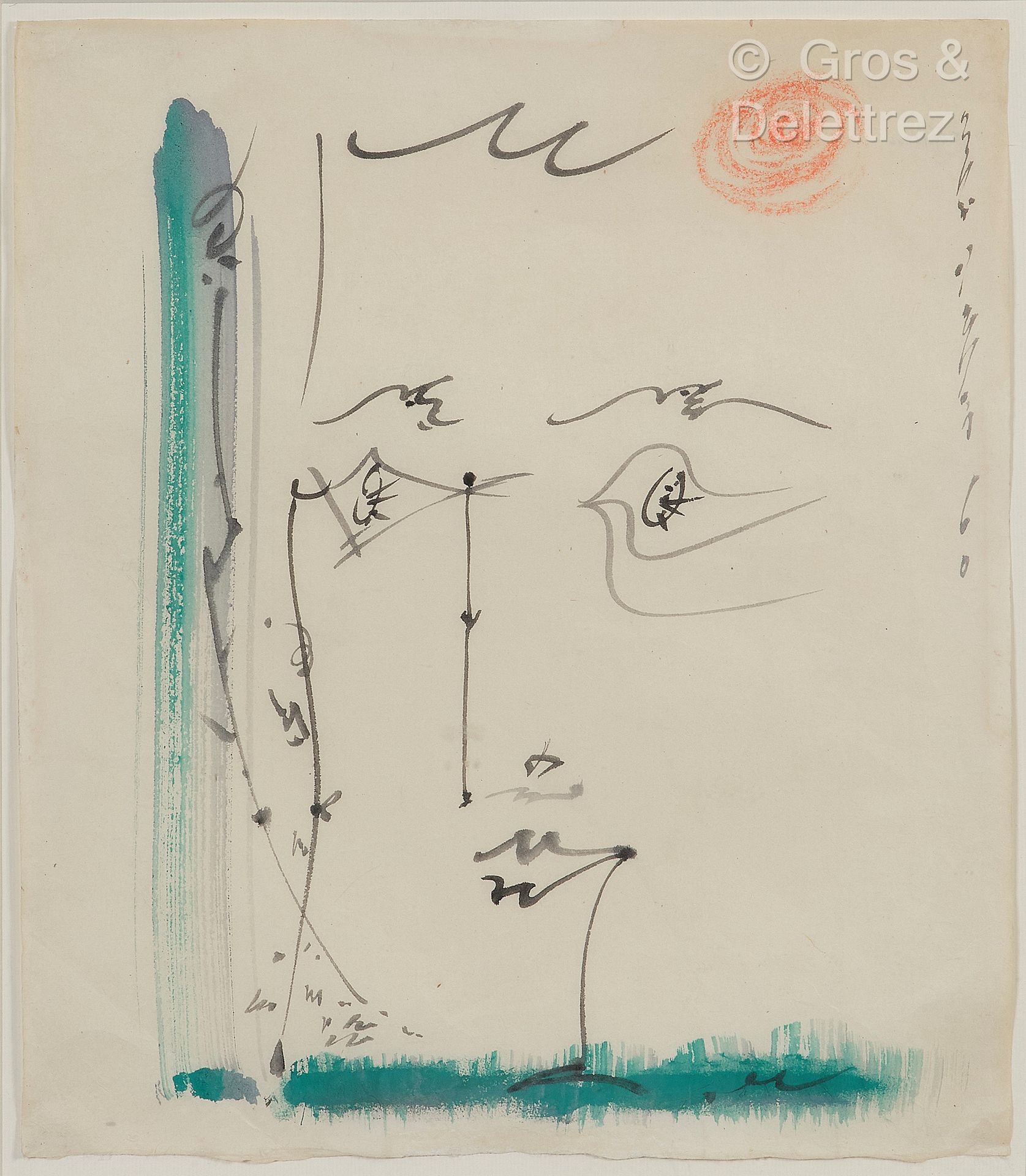 André MASSON [FRANCE] (1896-1987) 脸，1960年
水墨、水彩和粉彩在纸上。
右上方有签名和日期。
45.5 x 40厘米。
(&hellip;