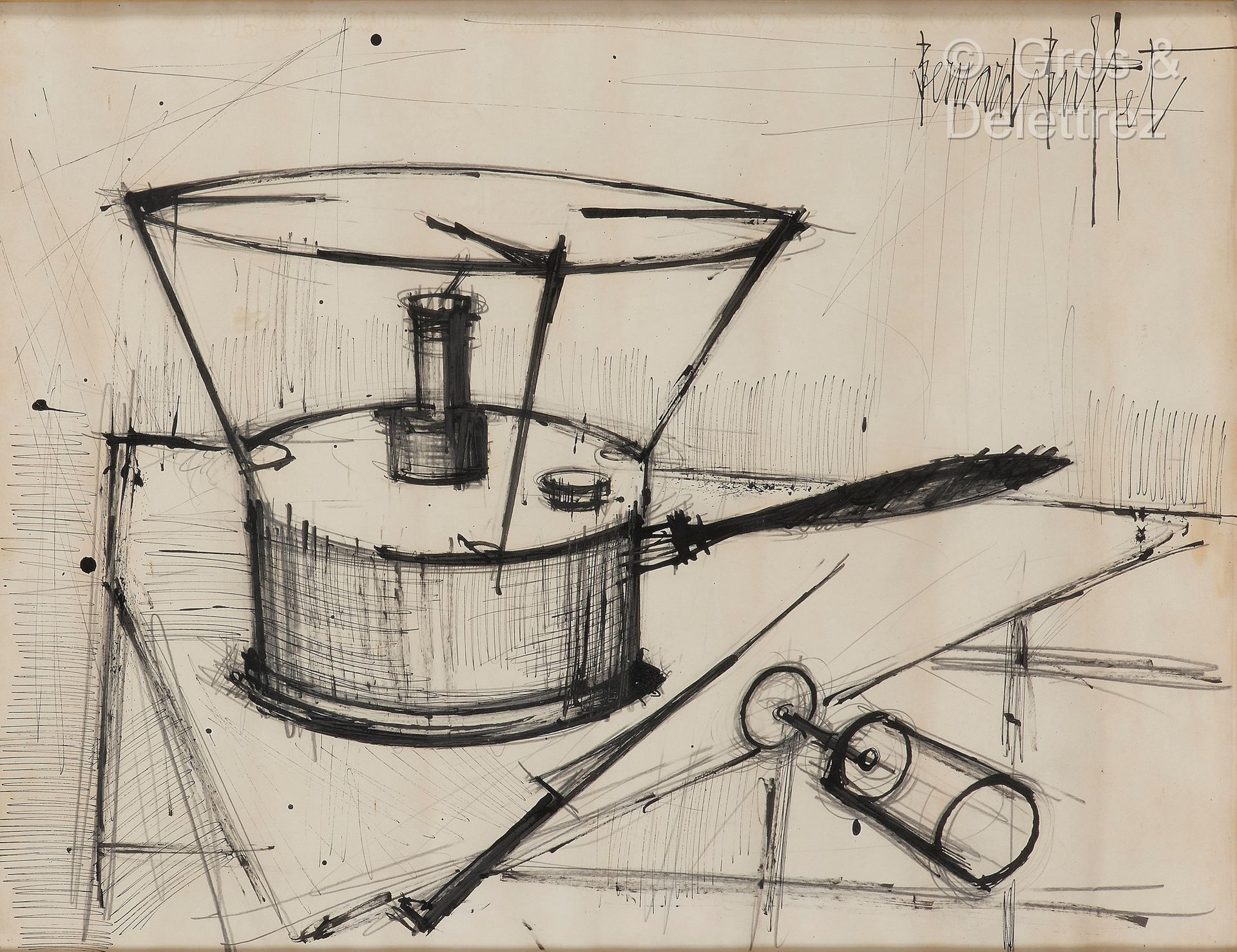 Bernard BUFFET [FRANCE] (1928-1999) 炉子，打翻的玻璃
铅笔和印度墨水在拱形纸上。
右上方有签名。
49 x 64厘米。
(纸&hellip;