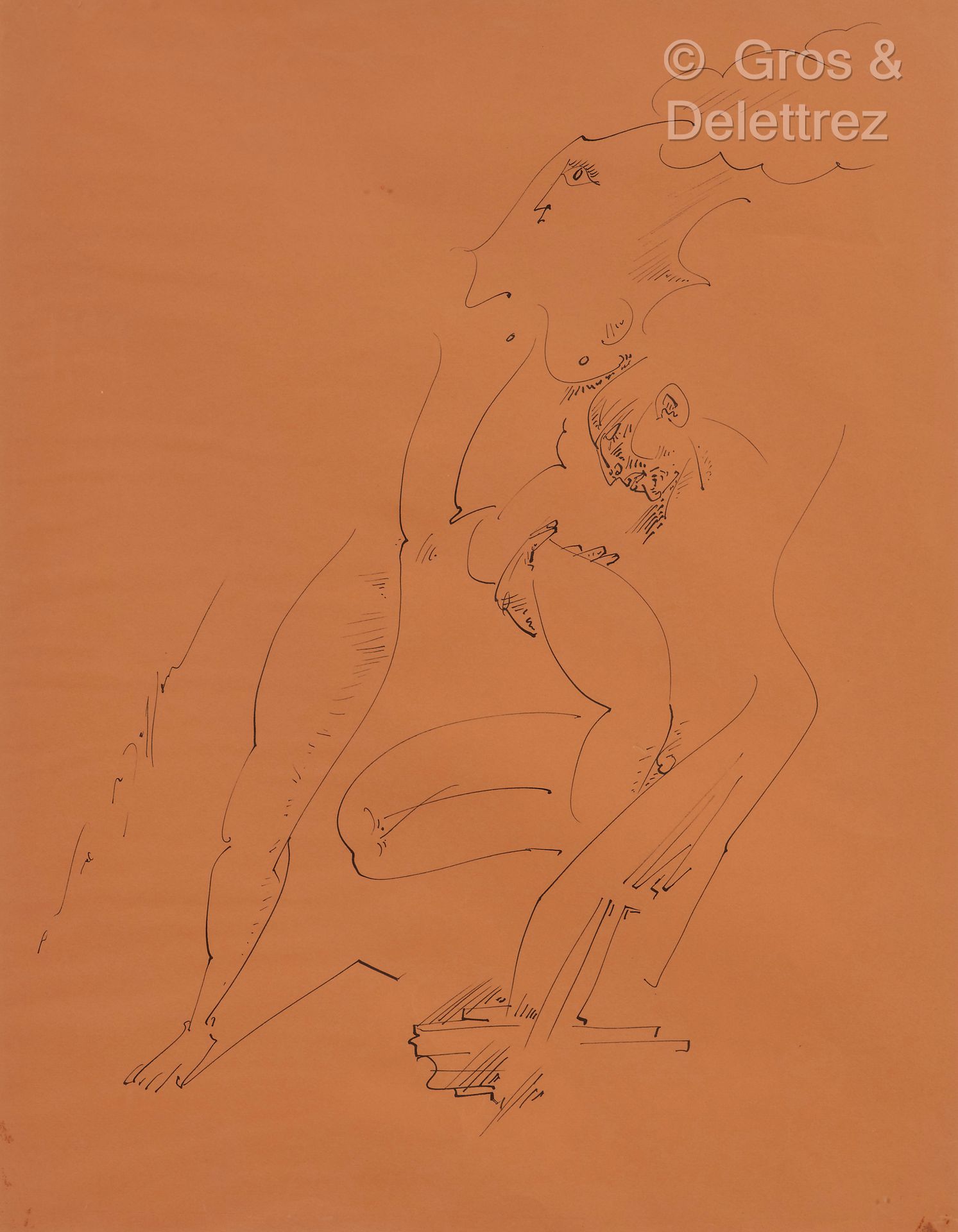 André MASSON [FRANCE] (1896-1987) 一对情侣的情色场景
赭色纸上的印度墨水。
左下方有签名。
63 x 49厘米。
(边缘有两处&hellip;