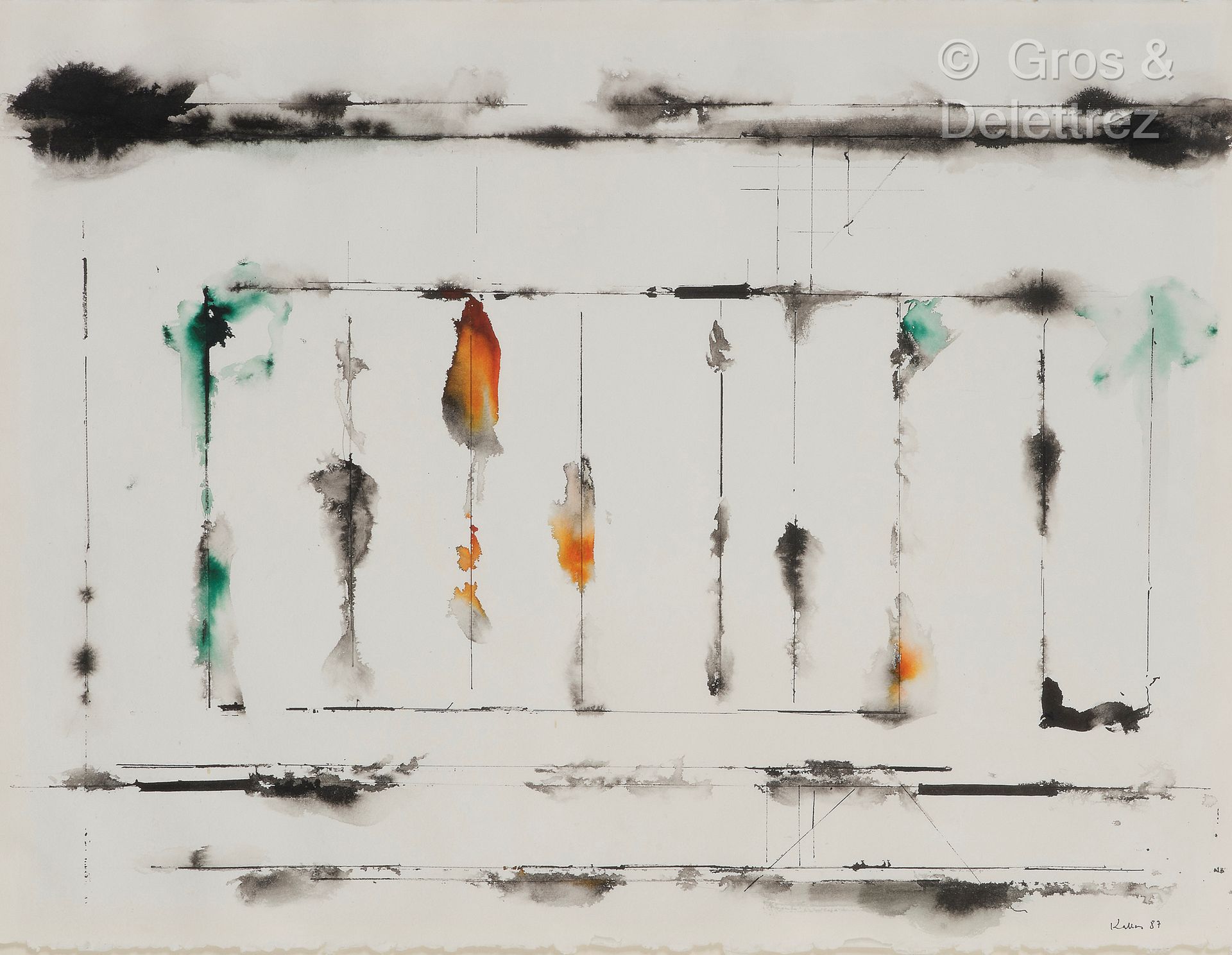 Paul KALLOS [FRANCE-HONGRIE] (1928-2001) 无题》，1987年
水墨和水彩在拱形纸上。
右下方有签名和日期。
57 x 7&hellip;
