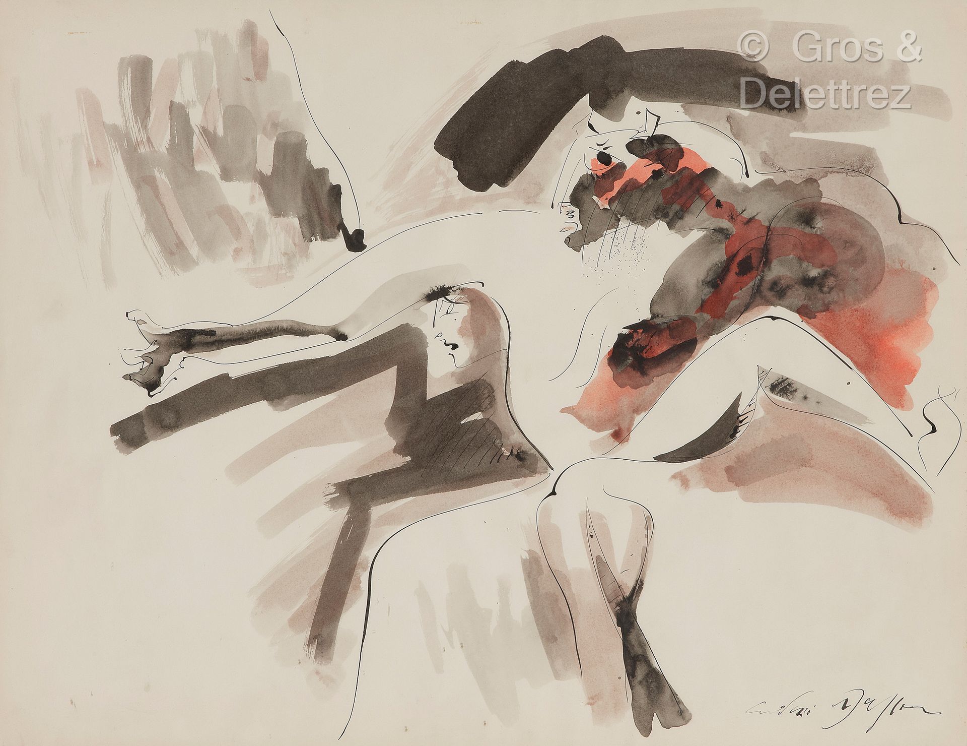 André MASSON [FRANCE] (1896-1987) 牛头人，1956年？
纸上水墨和水彩画。
右下方有签名。背面有标题和日期。
50 x 65厘&hellip;