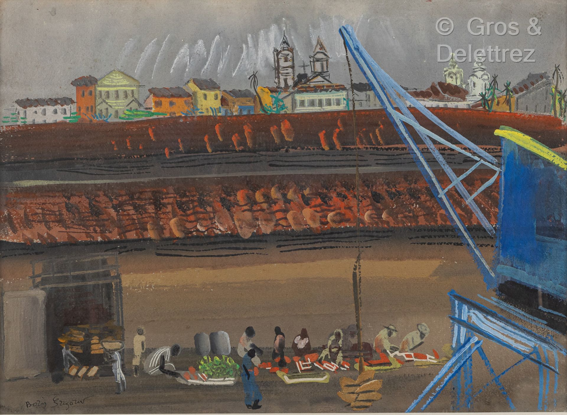 Boris Dimitrevitch GRIGORIEV [FRANCE-RUSSIE](1886-1939) 在巴西巴伊亚州的港口装载货物
纸上水粉画。
左下&hellip;