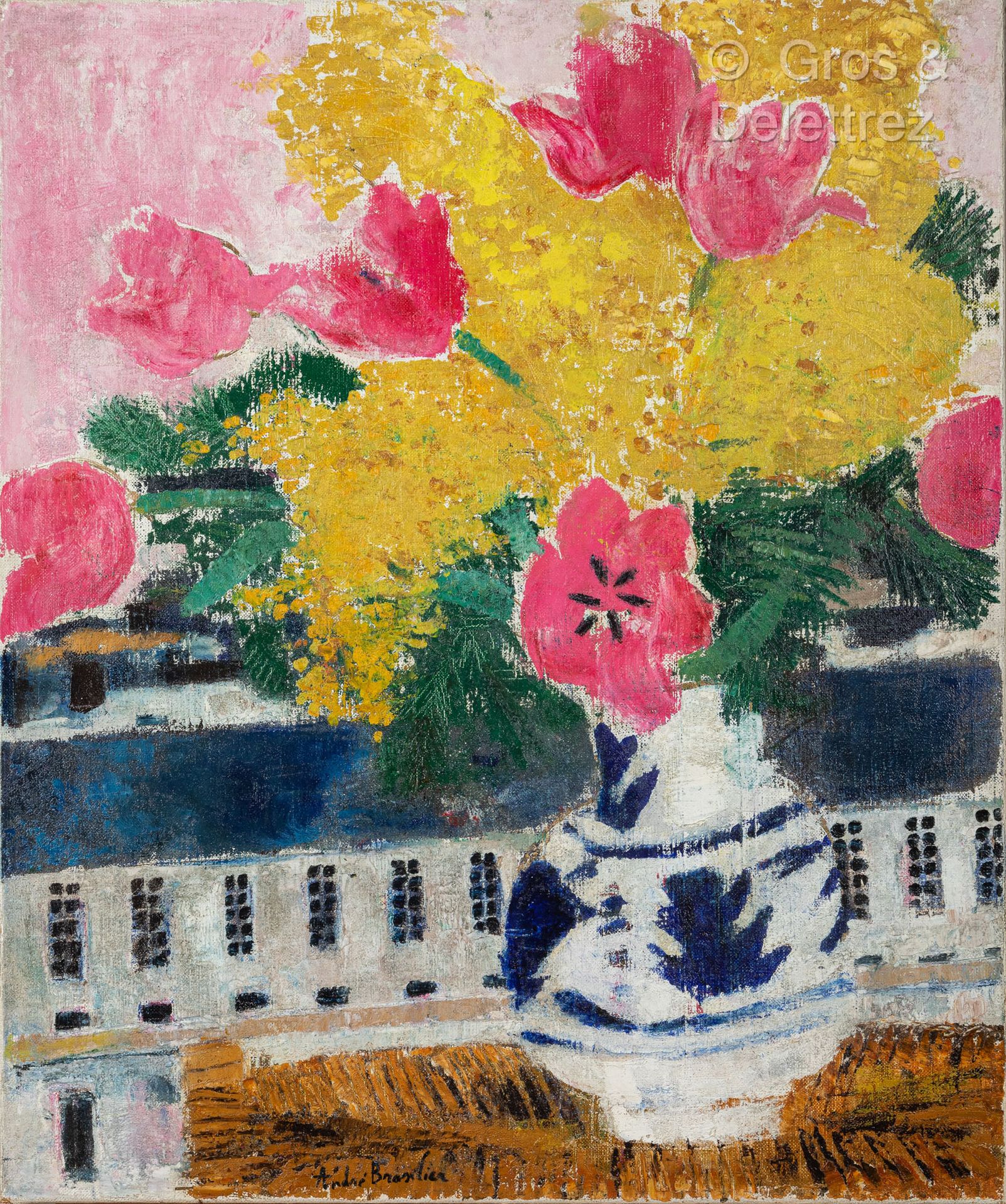 *André BRASILIER [FRANCE] (1929) 蓝色和白色花瓶中的粉色郁金香和含羞草花束
布面油画。
中间下方有签名。
74 x 60厘米。