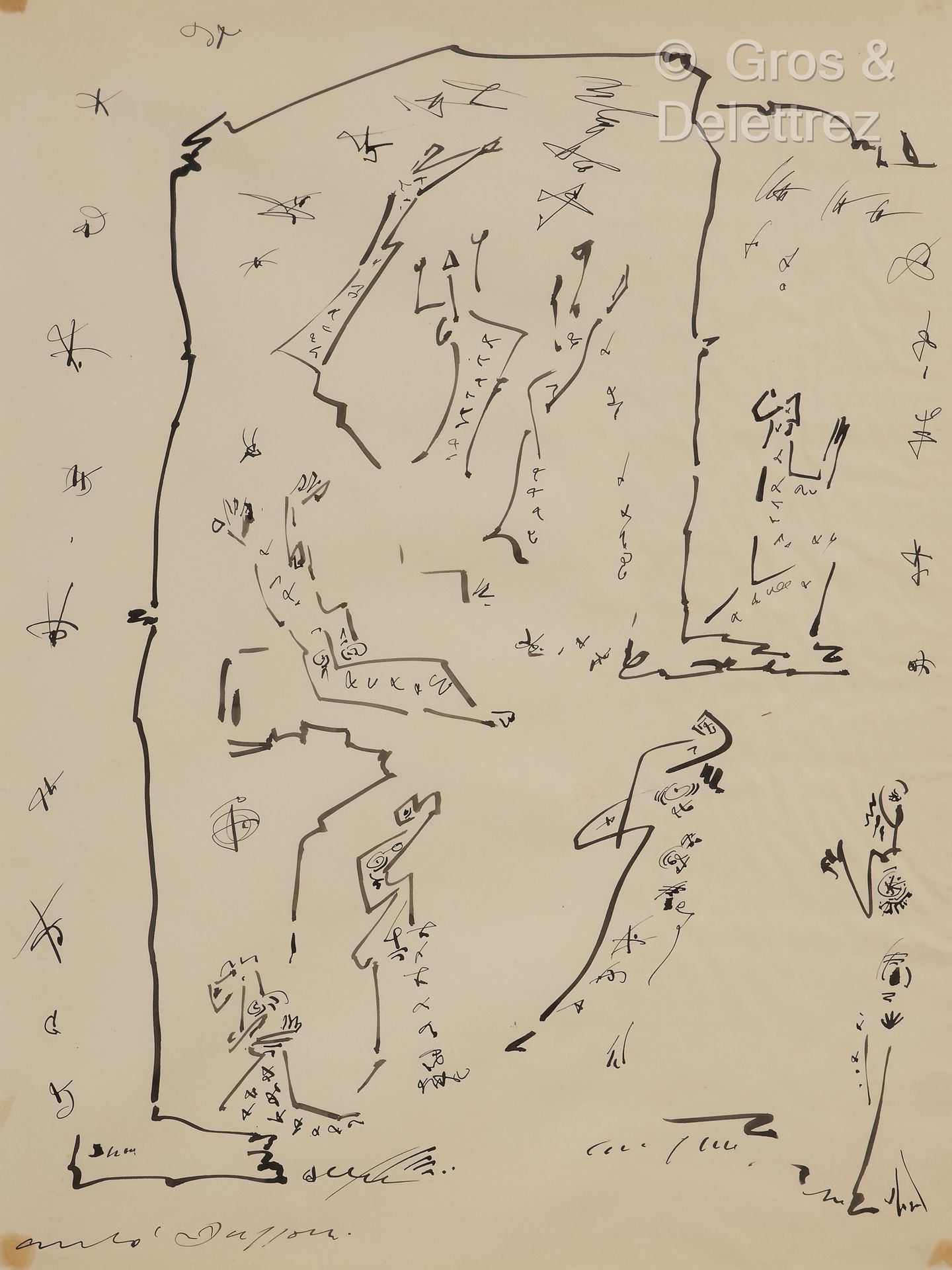 André MASSON [FRANCE] (1896-1987) 角色
印度墨水在纸上。
左下方有签名。
63 x 48厘米。
(纸张略微弯曲，四角有胶带痕迹&hellip;