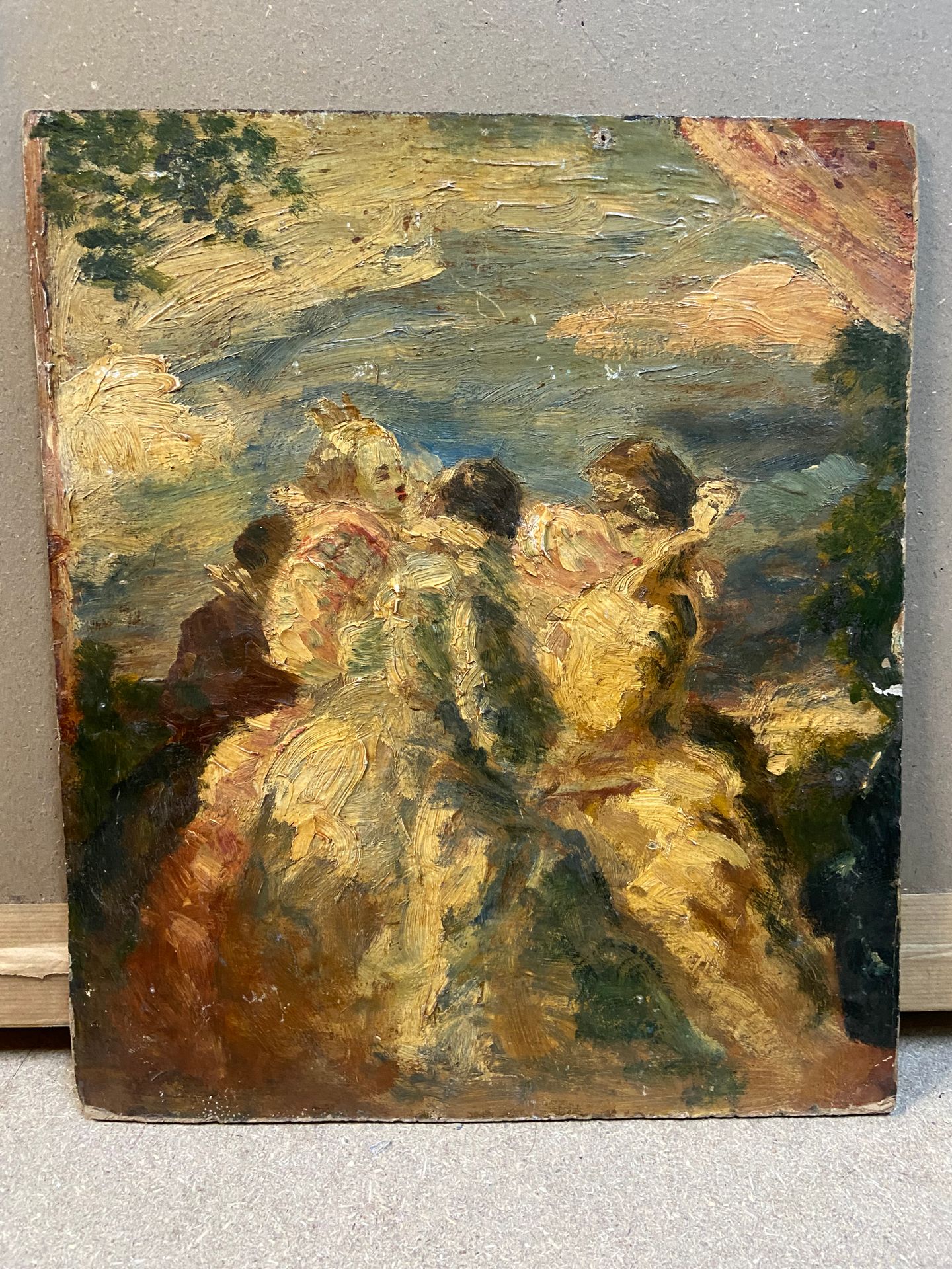 Null 蒙蒂切利的随行人员
三个穿晚礼服的女人
纸板上的油画
38 x 32 cm