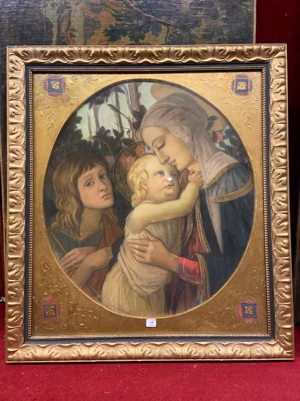 Null 在Sandro BOTTICELLI之后 

圣母子与施洗者约翰在一起 
粉彩画在通多

56 x 50厘米

镀金木框