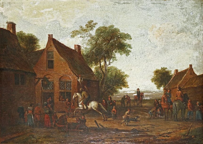 Null 荷兰学校在17世纪的品味

一个骑着白马的人试图割断挂在铁丝上的鹅的脖子的乡村场景

帆布（裂缝、修复和重绘）

51.5 x 72厘米