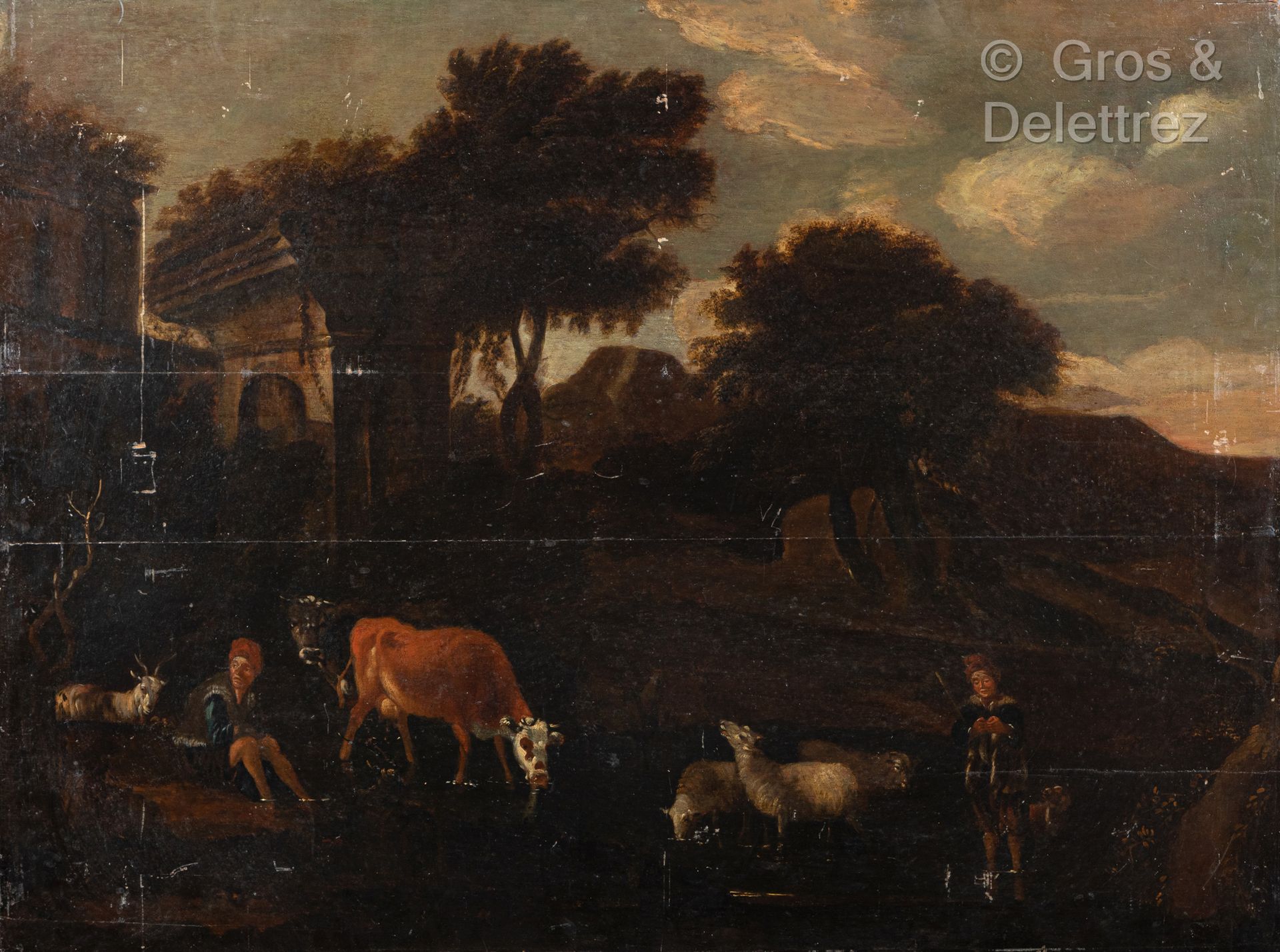 Null Dutch school

Shepherds and herds on the riverbank in front of a ruin

Oil &hellip;