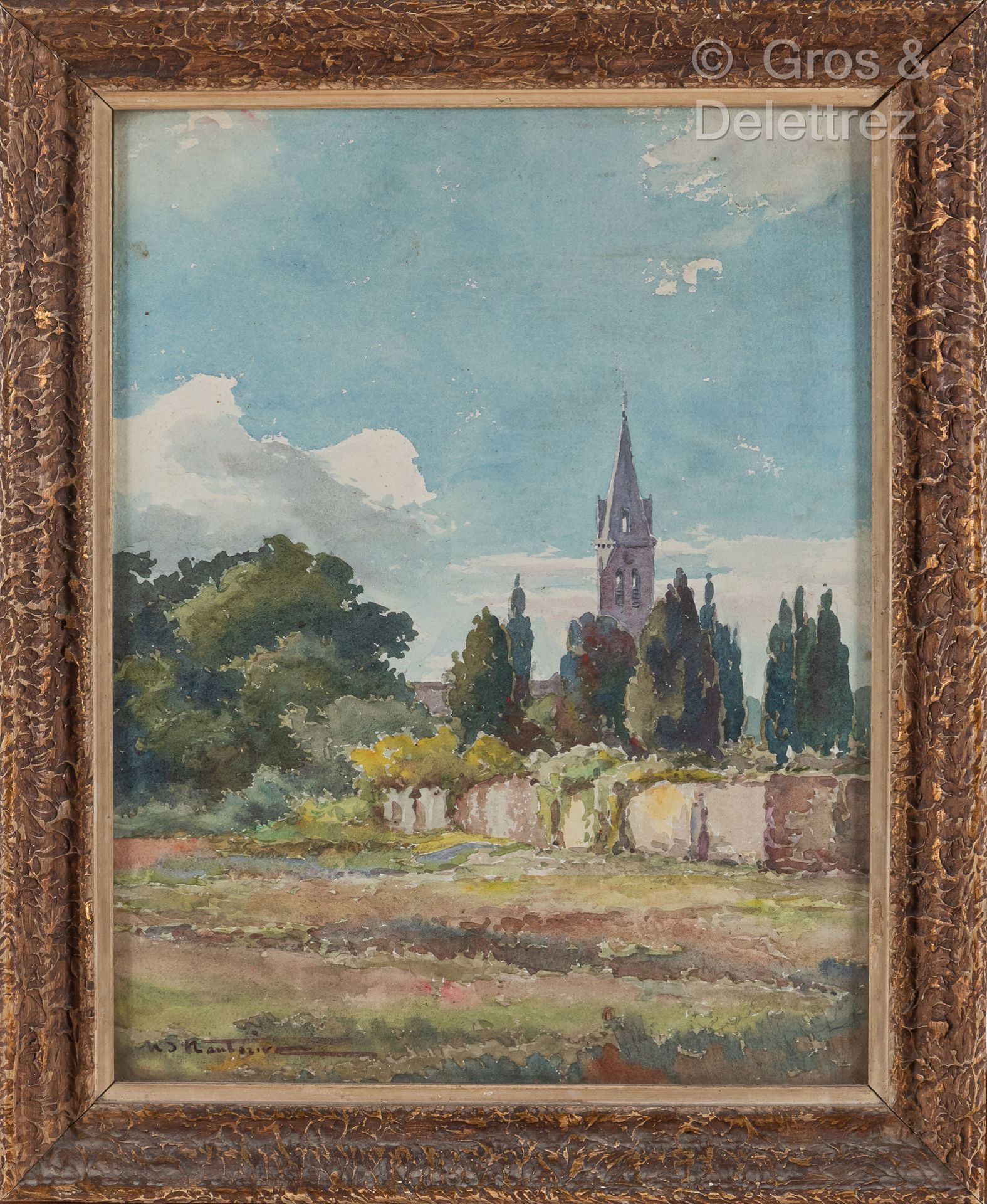 Null 法国学校，20世纪初

Gujan-Mestras的圣莫里斯教堂的钟楼

纸上水彩画，左下角有签名

34 x 26 cm