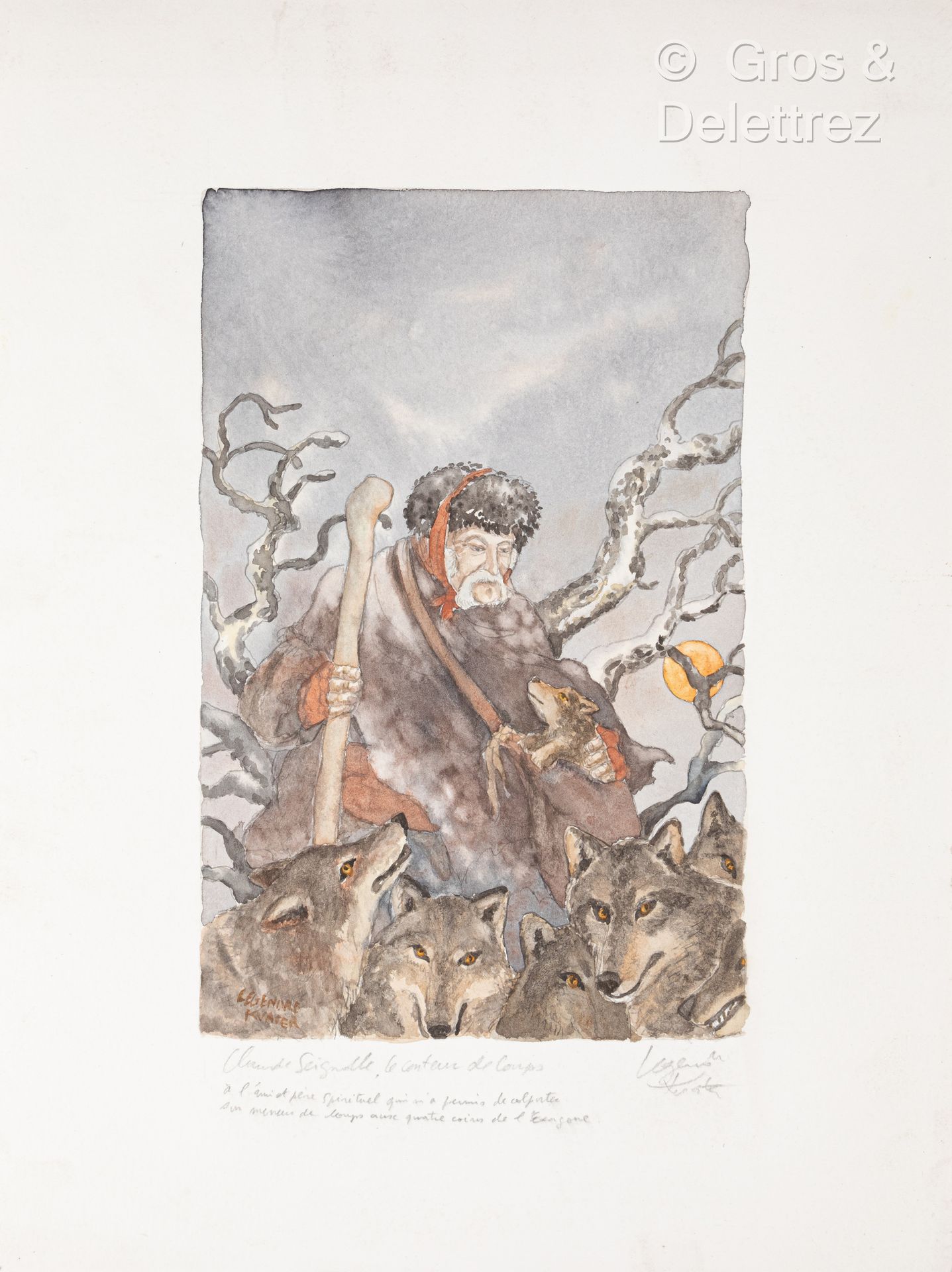 Null (SD) Philippe LEGENDRE-KVATER (生于1947年)

狼的故事家克劳德-塞格诺尔

铅笔和水彩画，签名并献给 "允许我把他&hellip;