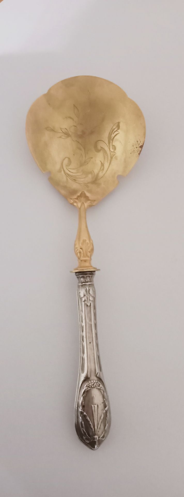 Null (E) 一把冰淇淋勺子，勺子是镀金的，上面刻有花卉卷轴的装饰，把手是银的，上面有刺叶和丝带蝴蝶结。 

刮痕、撞伤和变形