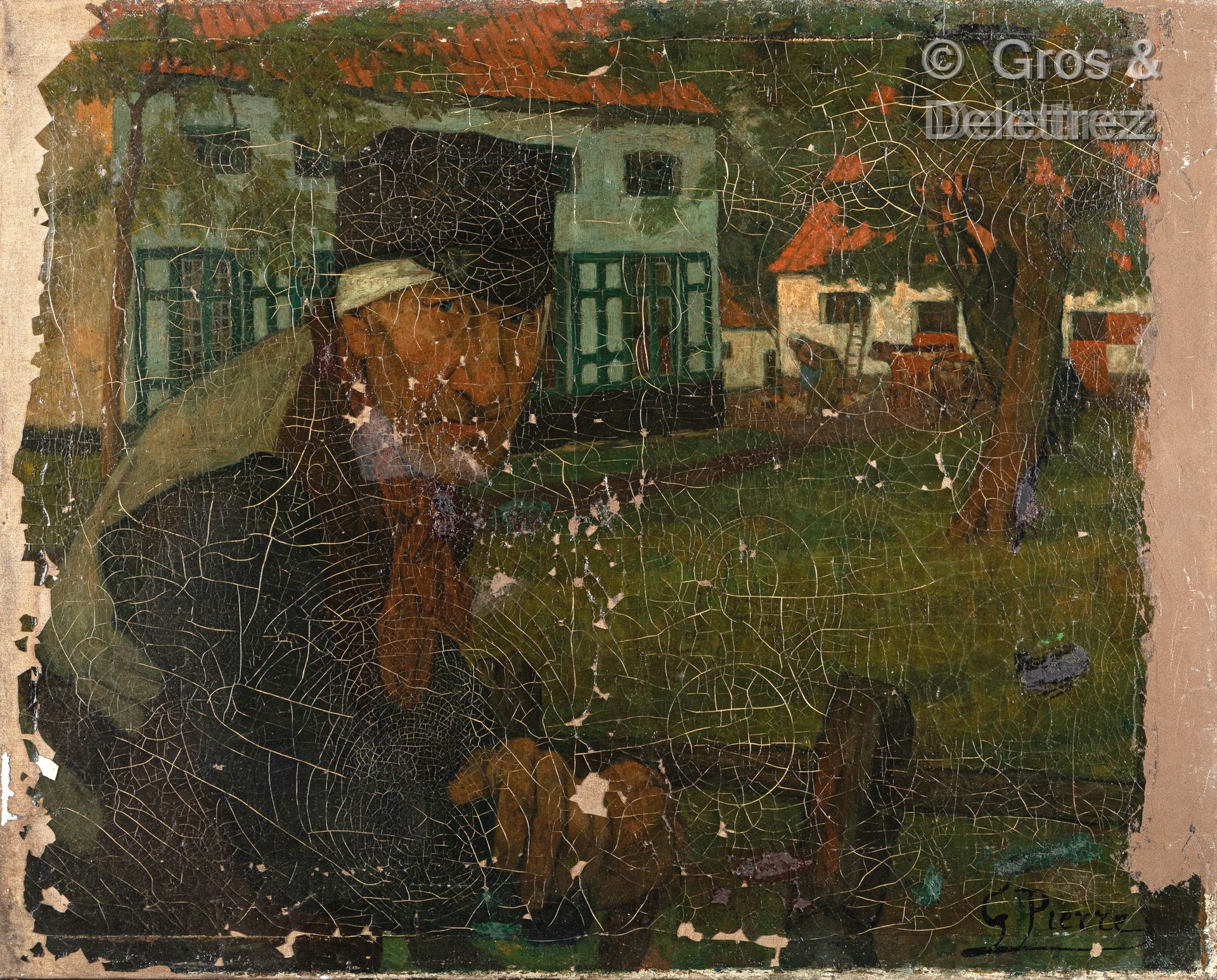 Null 古斯塔夫-勒内-皮埃尔 (1875-1939)

农场前戴帽子的人的画像

布面油画，右下角有签名

65 x 82 cm. 

非常重要的缺失