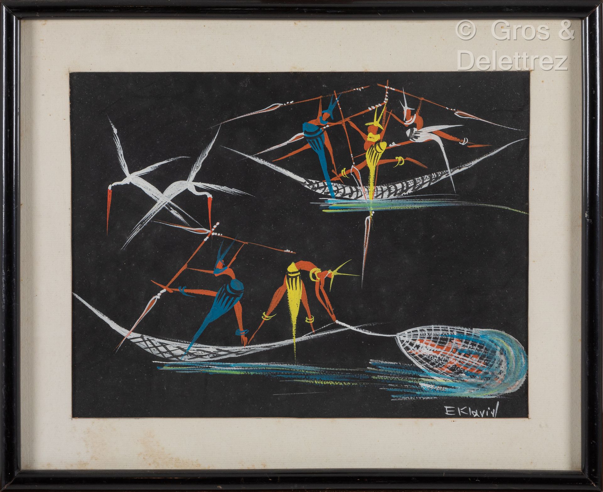 E. KLAVIK (Xxe). 钓鱼和跳舞。
黑纸上的一对水粉画，右下方有签名。
24 x 31 cm at sight.
