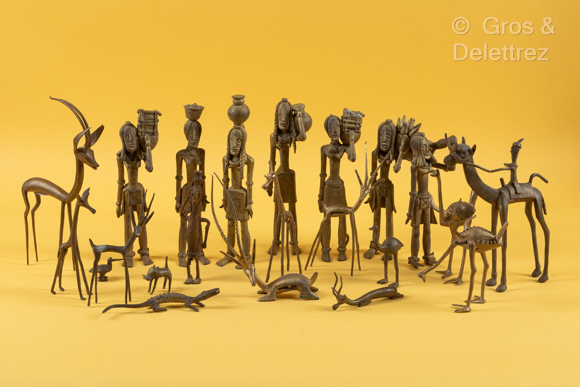 TCHAD Set of nineteen bronze sculptures featuring characters and animals.
Height&hellip;