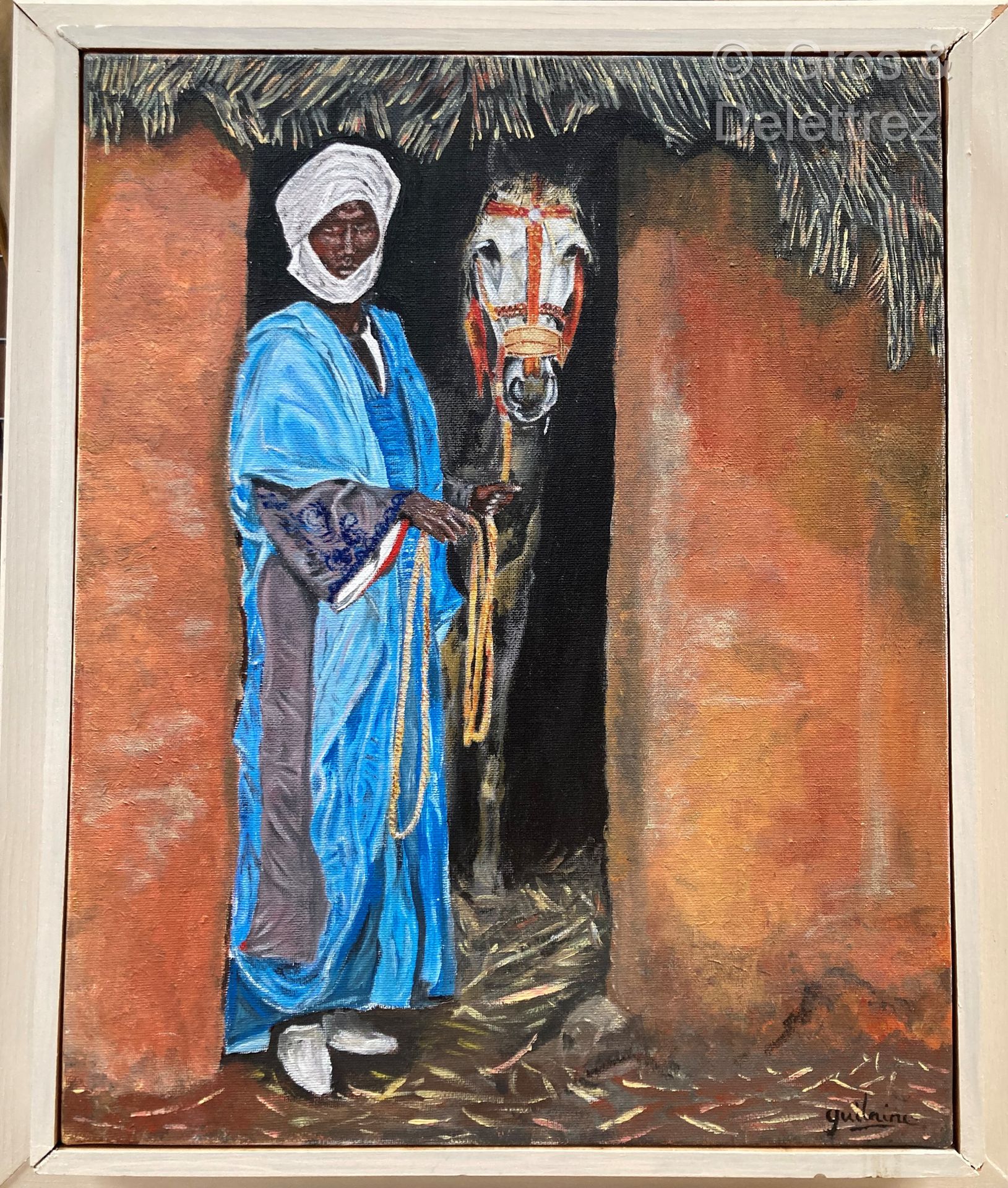 Ghislaine FELIX (XX-). Moorish rider in his hut.
Oil on canvas signed lower righ&hellip;