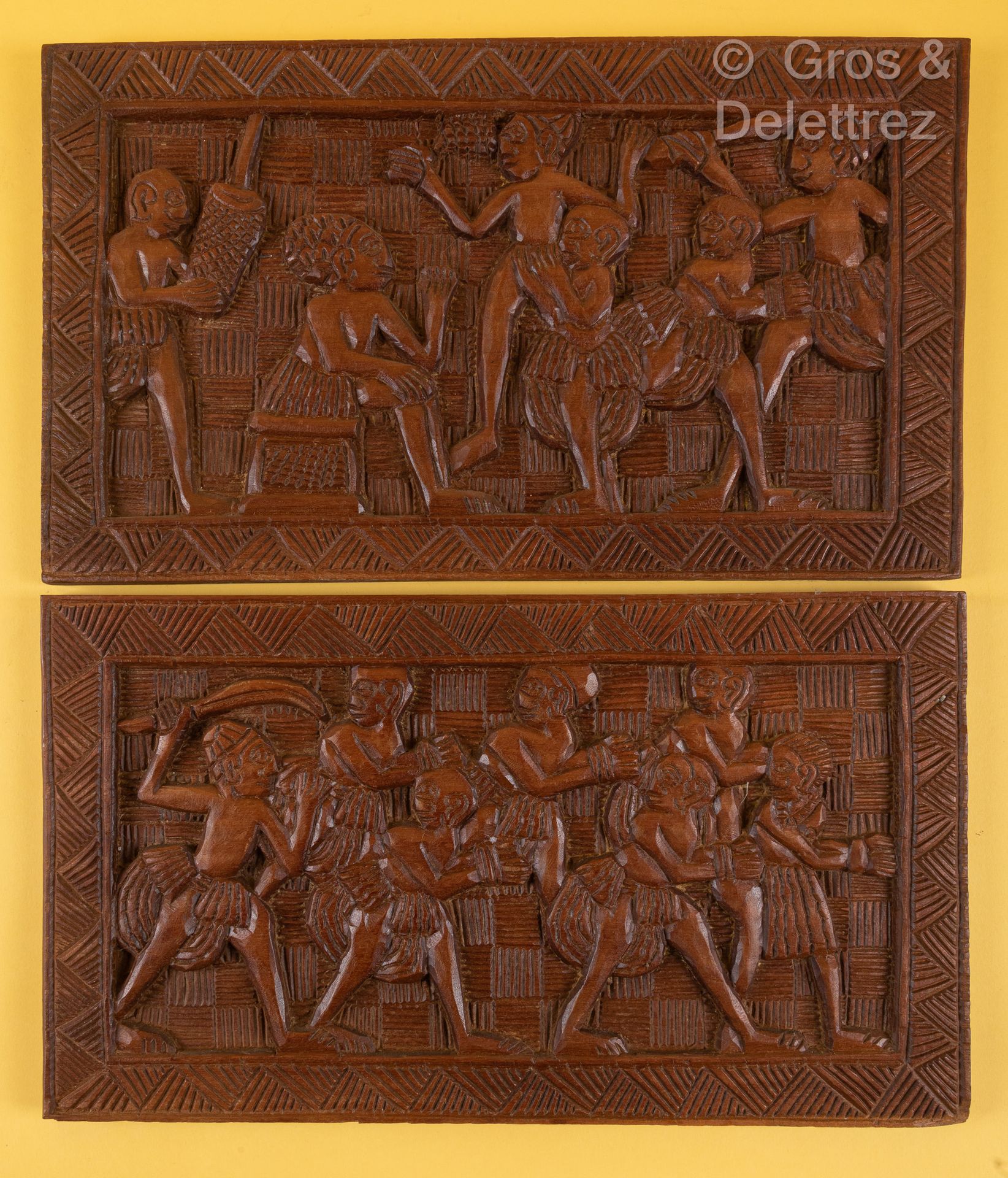 TCHAD Pair of wooden panels carved in low relief depicting prisoners and dancers&hellip;