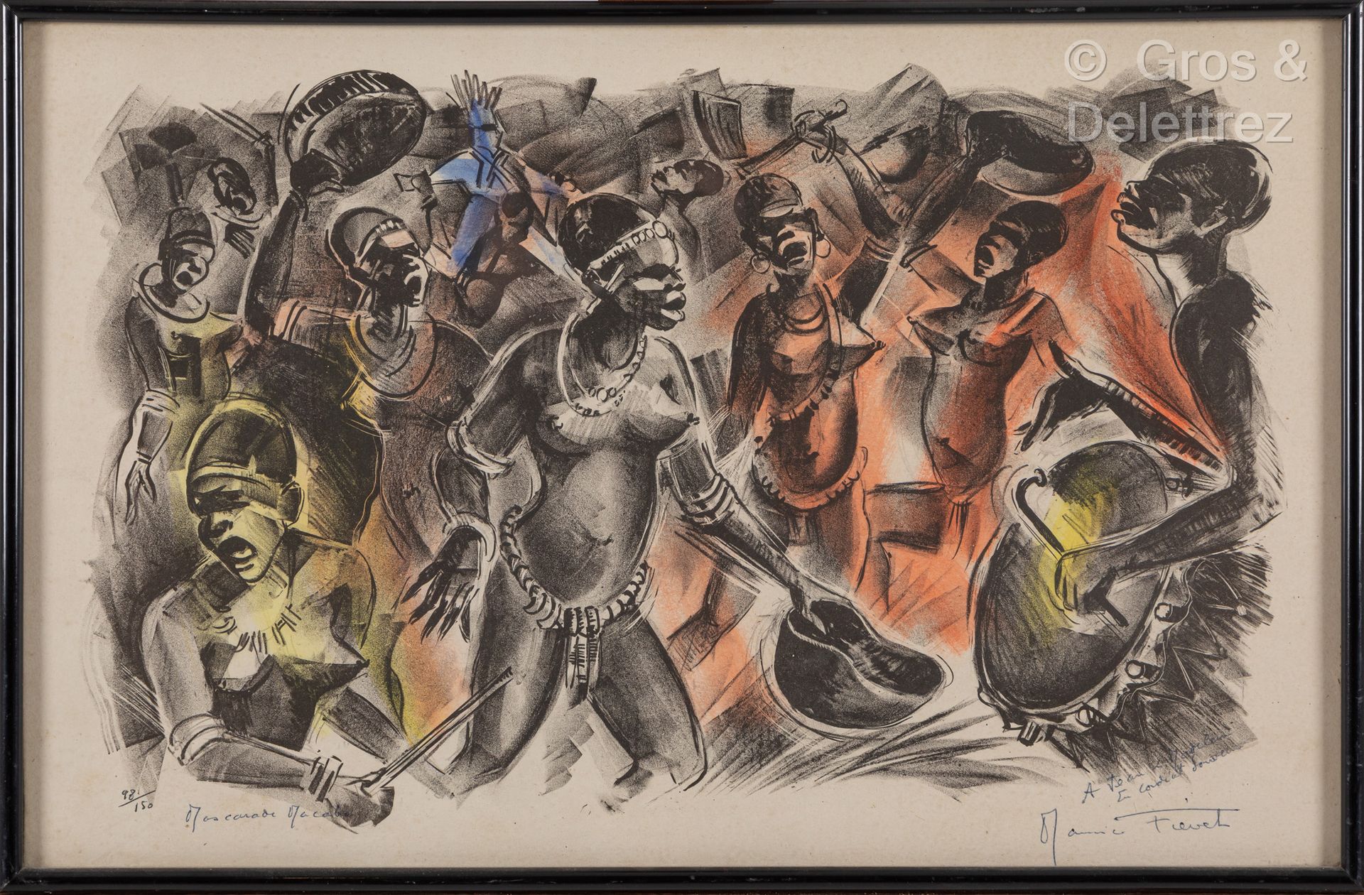 Maurice FIEVET (1915-1997). 非洲舞蹈。
石版画，有签名，专用，编号为98/150。
30 x 48厘米。