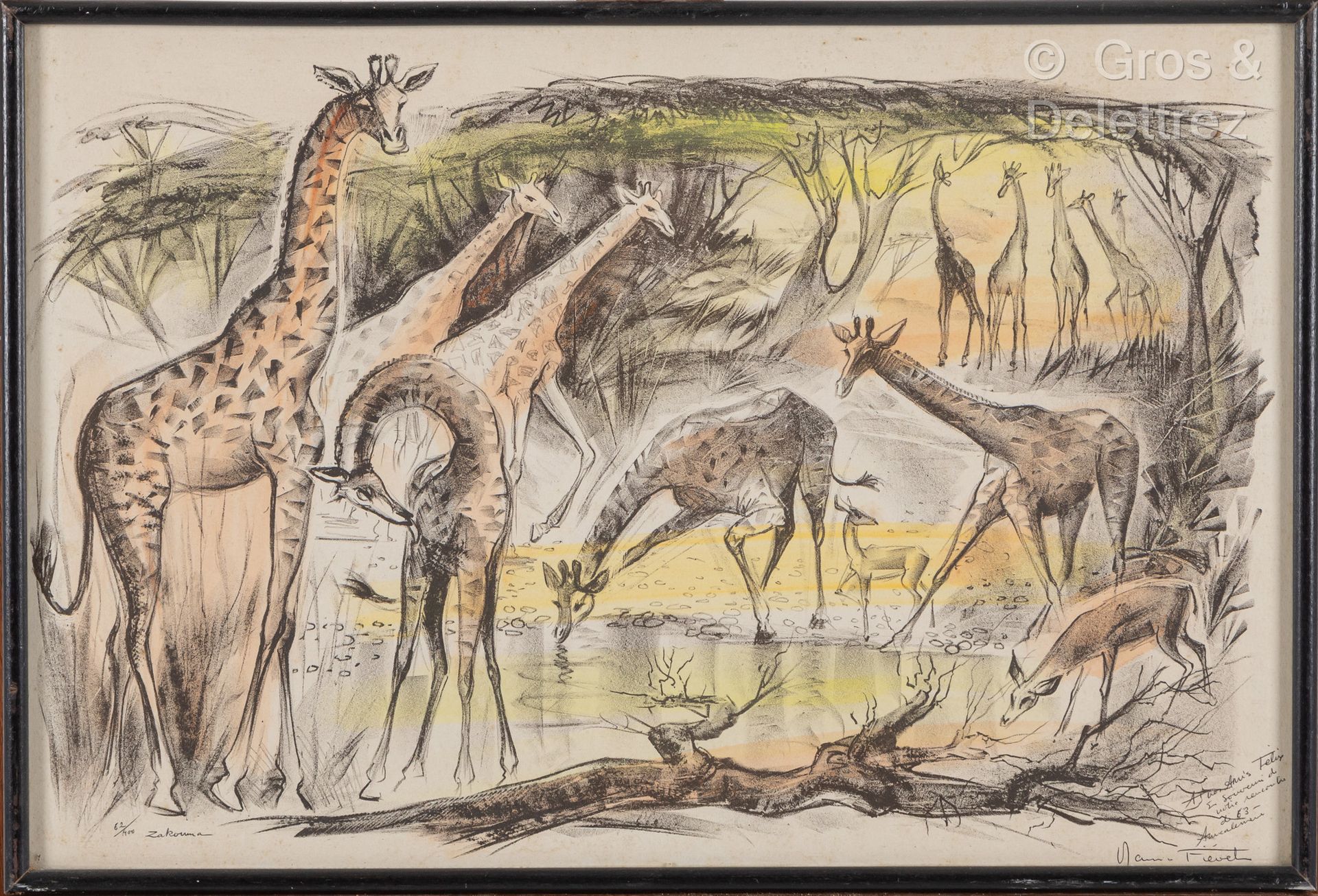 Maurice FIEVET (1915-1997). 长颈鹿。
石版画，已签名，专用，编号为62/400。
31 x 49厘米。