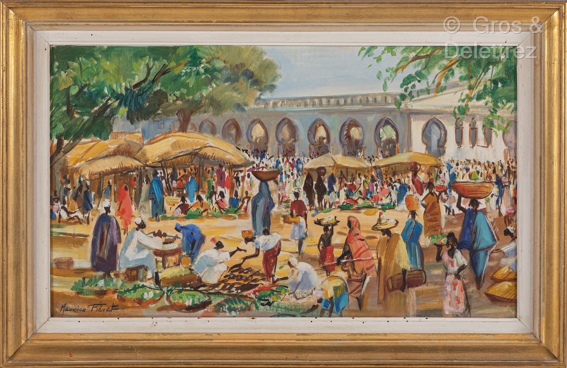Maurice FIEVET (1915-1997). 恩贾梅纳的市场。
布面油画，左下方有签名。
42 x 70厘米。