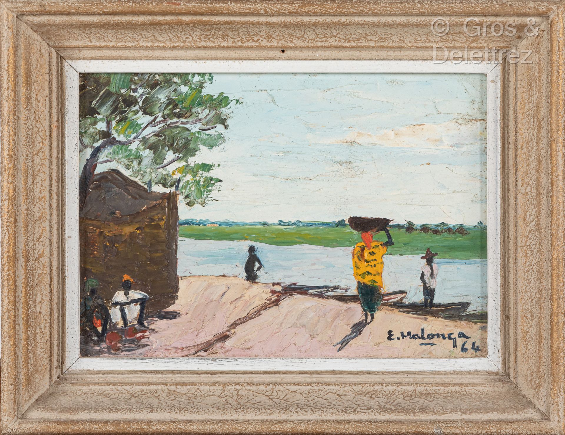 Eugène MALONGA (1930-2005). 动画的河岸，1964年。
面板油画，右下角有签名和日期。
19 x 26厘米。