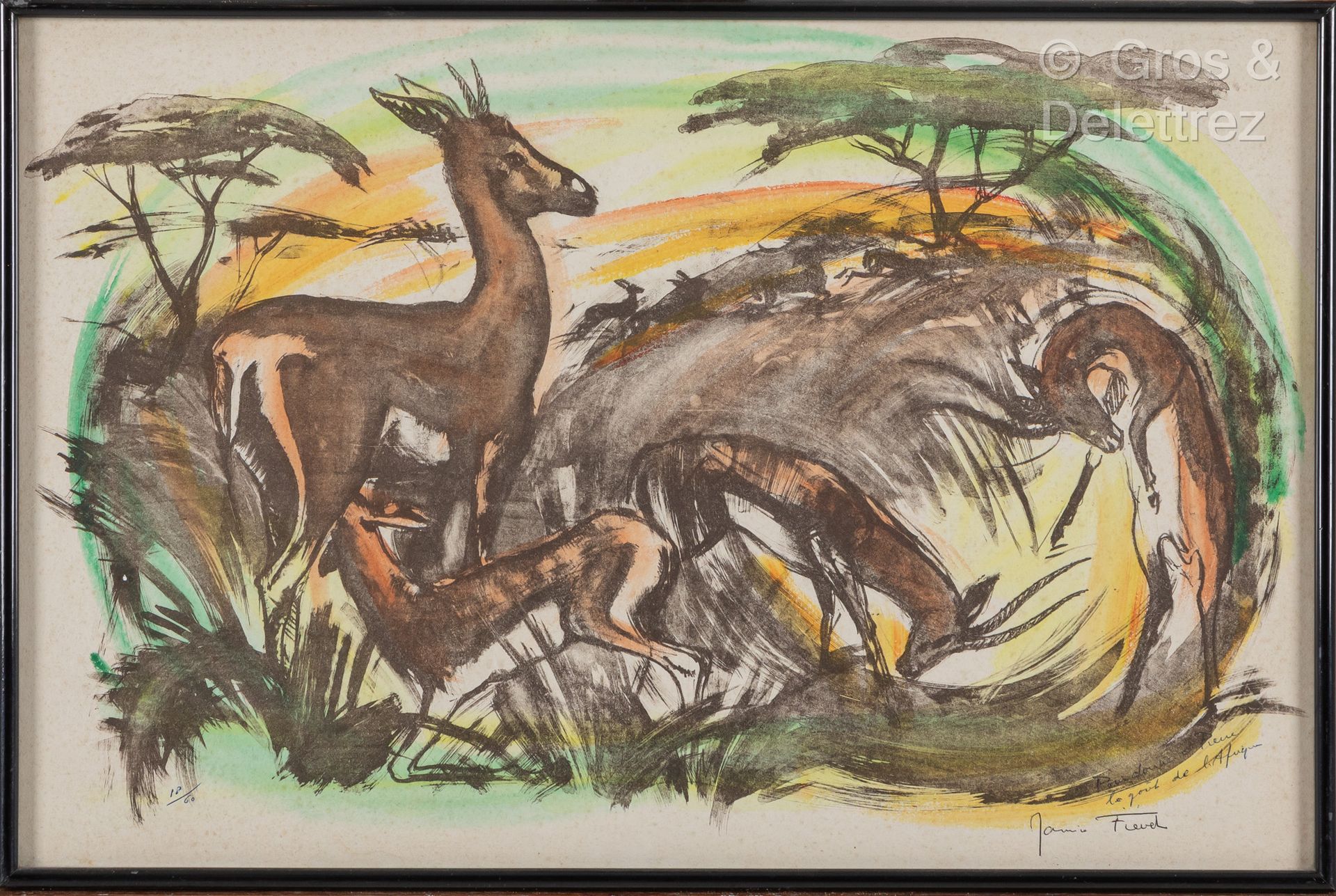 Maurice FIEVET (1915-1997). 瞪羚。
石版画，有签名，专用，编号为18/60。
31 x 49厘米。
