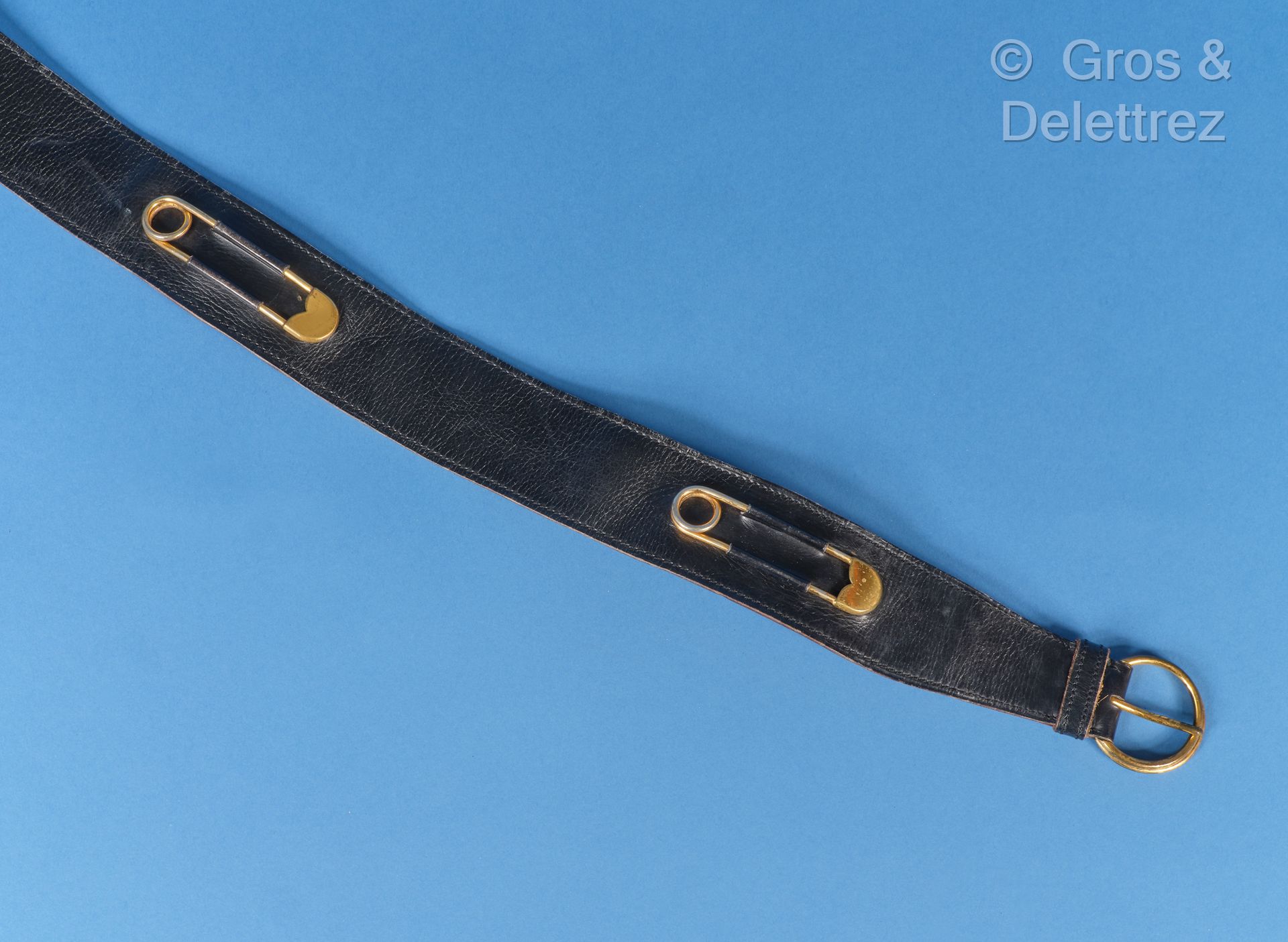 Null HERMES Paris - 43cm black leather belt with safety pins. Length: 72 cm (Wea&hellip;