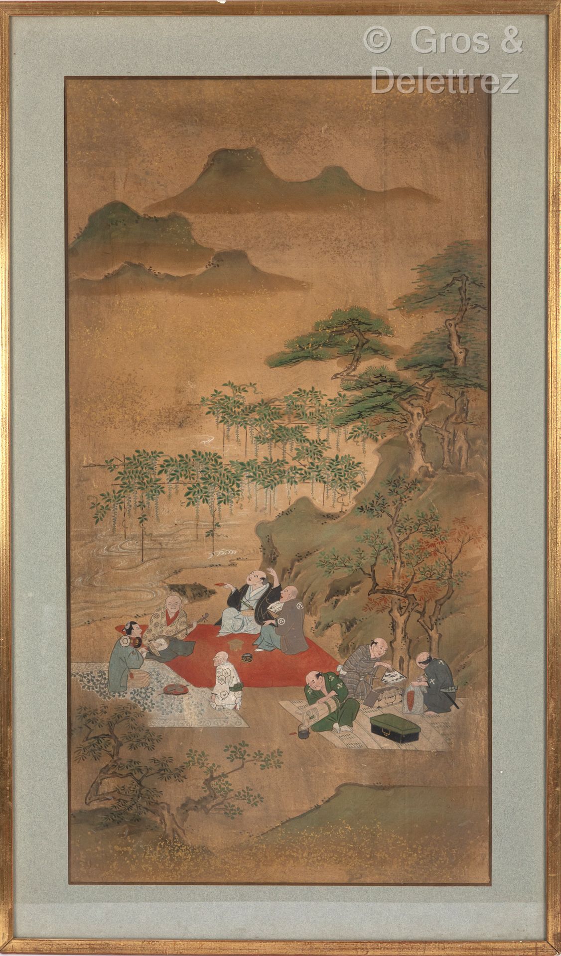 Null Pair of paintings on paper depicting a lunch on the grass in a mountainous &hellip;