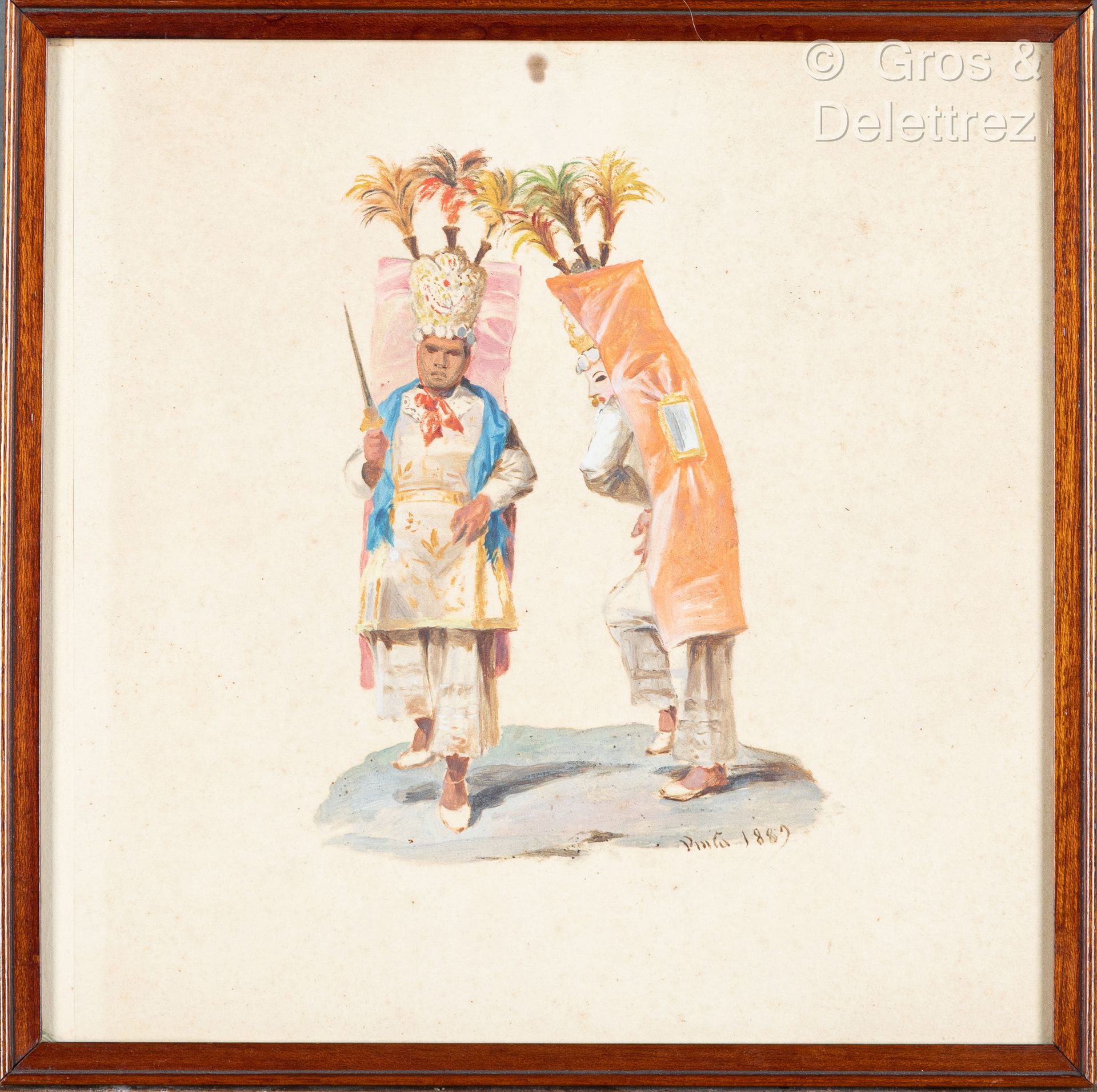 Null 华金-平托 (1842-1906)
两位身着节日服饰、头戴羽毛帽的人物，1889年
纸上水粉画，左下方有签名和日期
29 x 29厘米，有斑点、污点和&hellip;