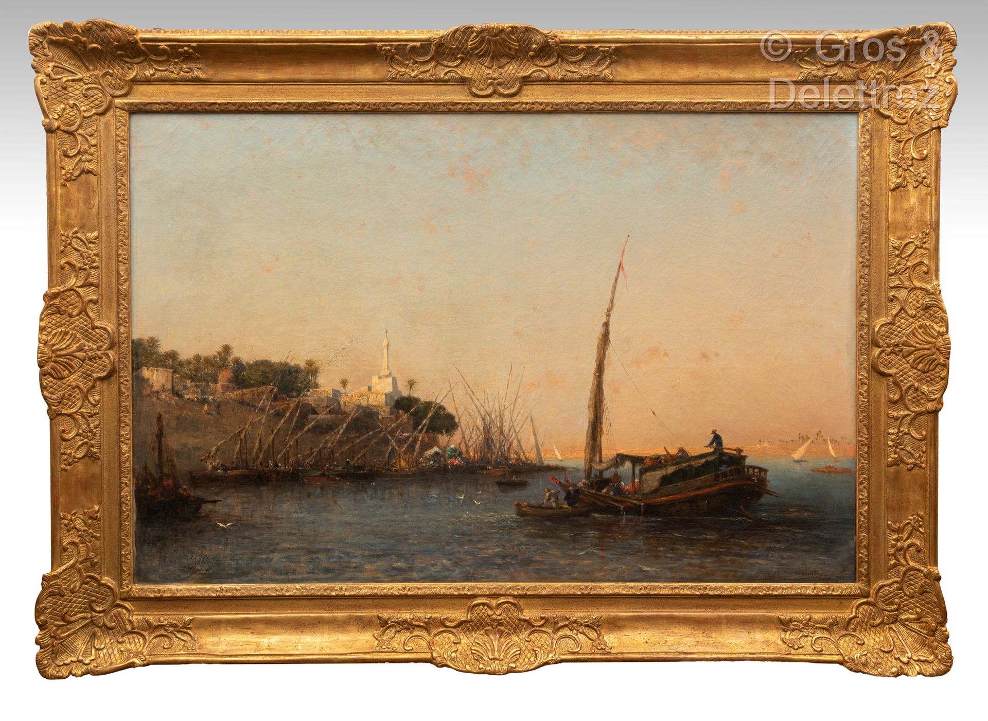 Null 纳西斯-贝尔歇(Narcisse BERCHERE) (1819-1891)
尼罗河上的费卢克人
布面油画。
右下方有签名。 
75 x 113厘米