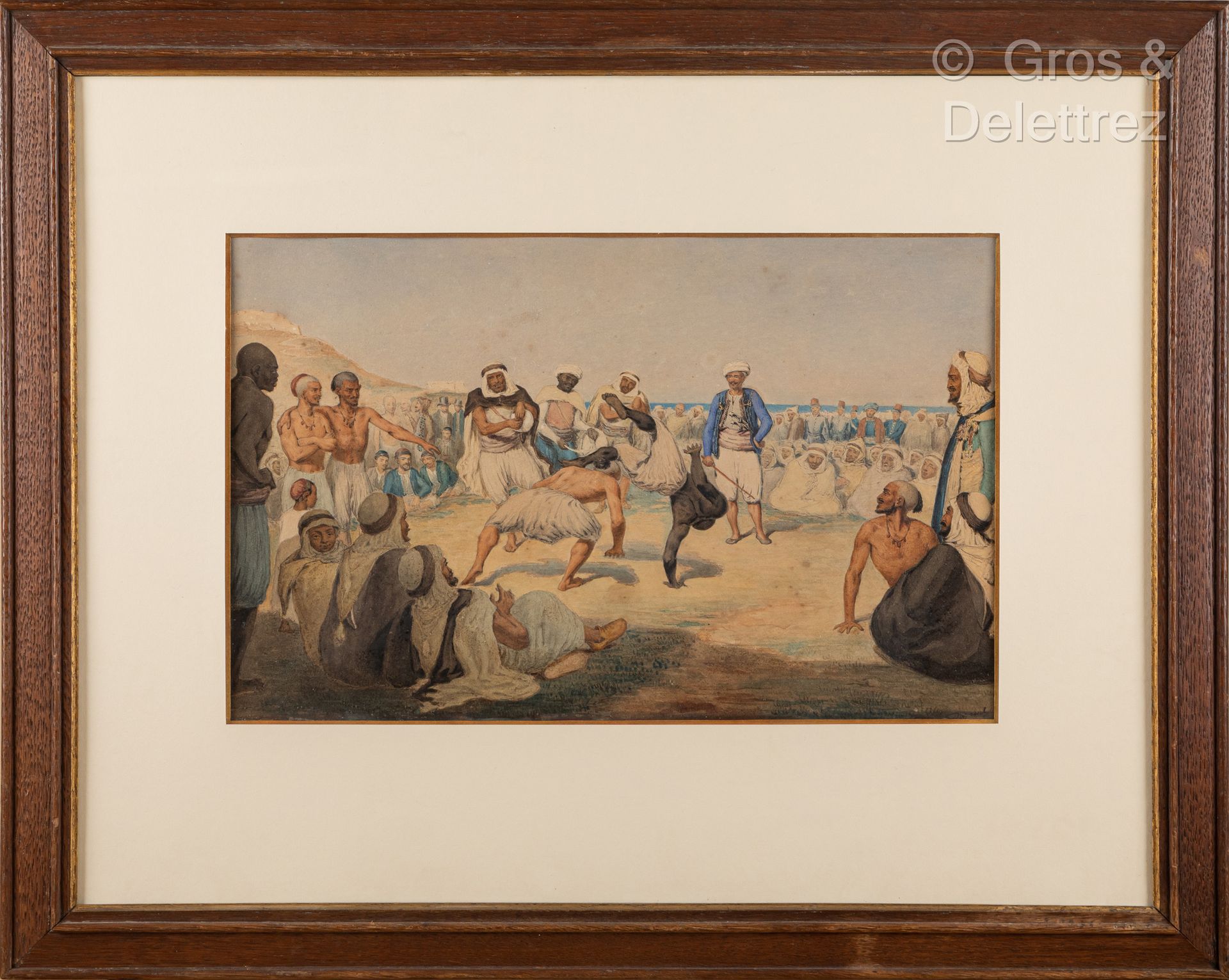 Null DURAND 
Wrestlers by the sea
Watercolor on paper. 
Signed lower right. 
25 &hellip;