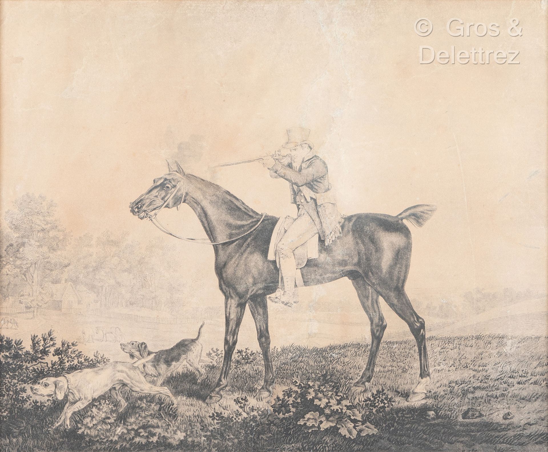 Null 卡勒-韦尔内之后的DEBUCOURT
马背上的猎人
四幅黑色水粉画组曲
19世纪中期。木质和镀金灰泥框架。
44,5 x 54,5厘米。两幅外露，一幅&hellip;