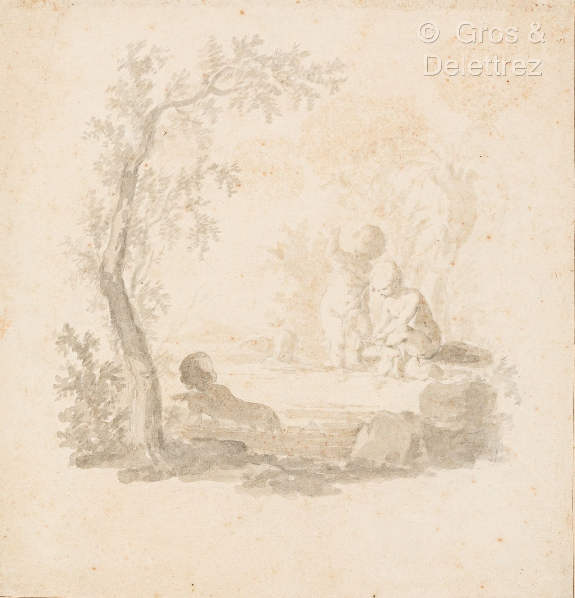 Null Scuola del XVIII secolo
Tre putti al bagno
Lavaggio su carta
29 x 29 cm