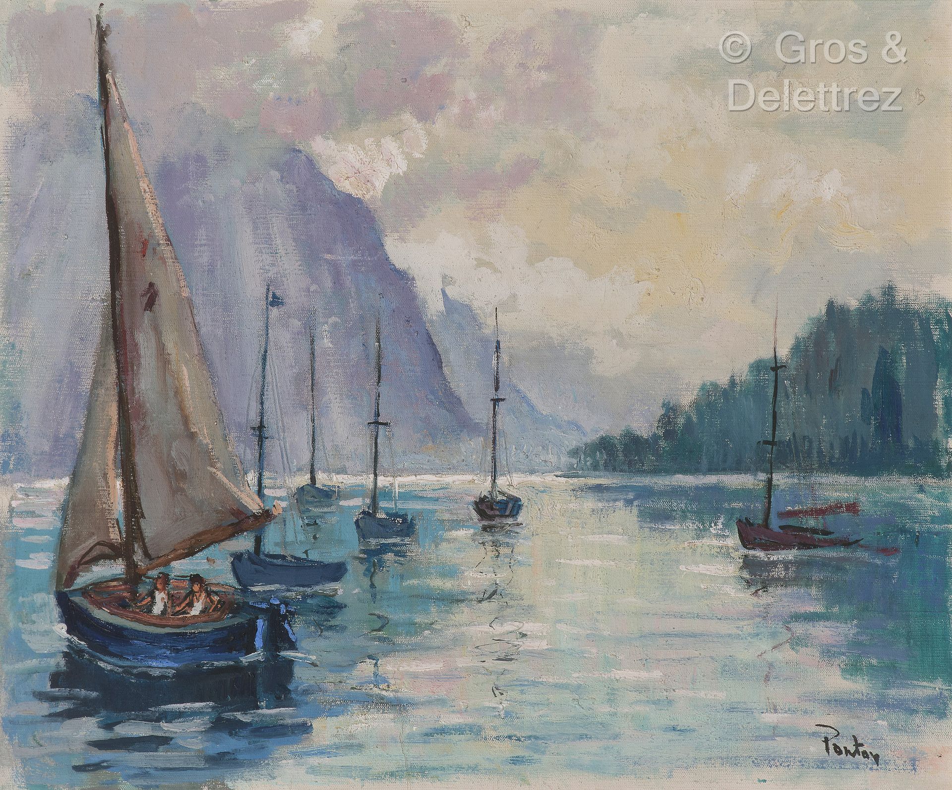 Null 亨利-蓬托伊 (1888-1968)
湖上的帆船
布面油画，右下方有签名。
38 x 46厘米
(凹痕)