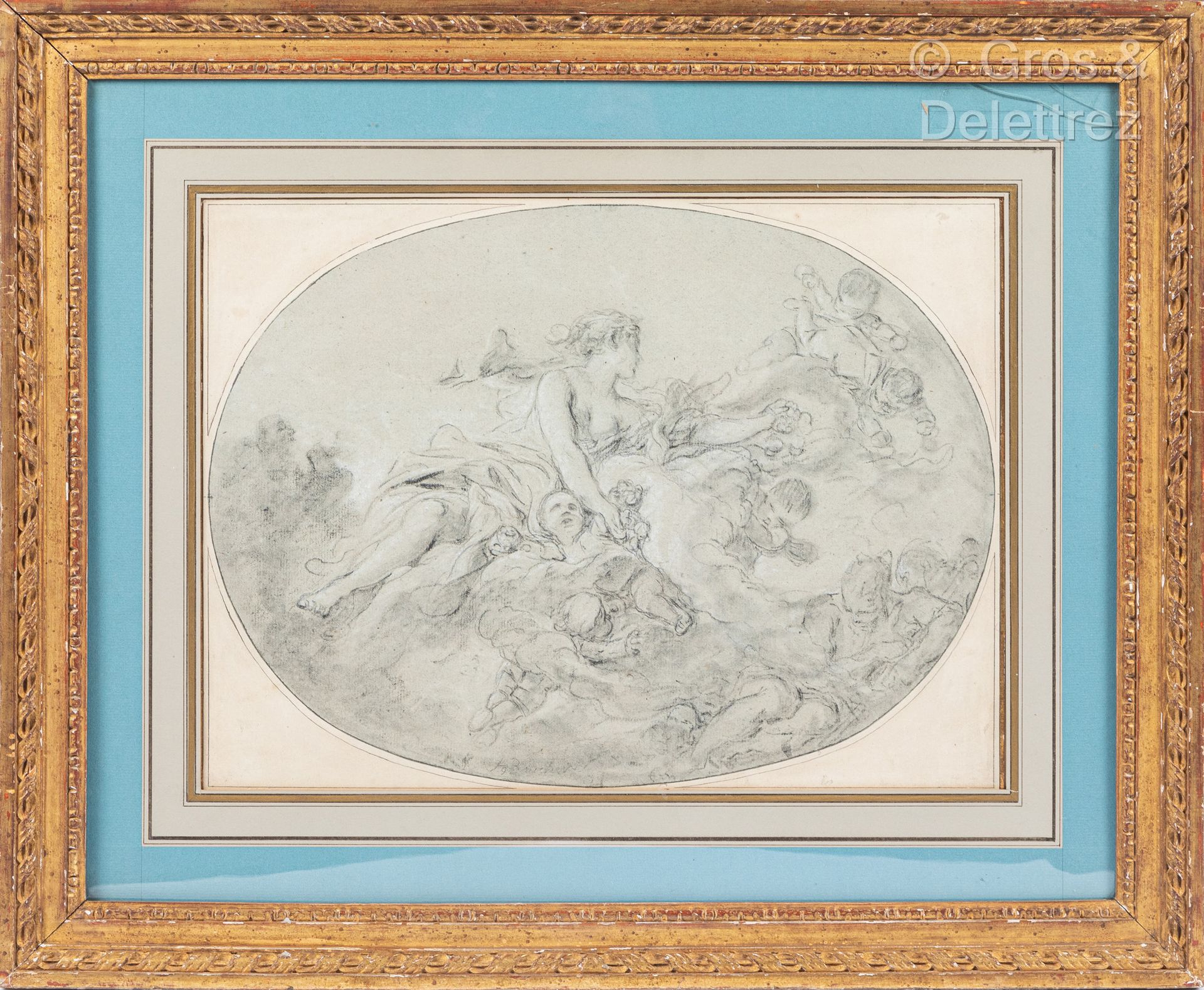 Null *François BOUCHER (巴黎 1703 1770) 
云中的维纳斯和恋人
黑石、阴影和白色粉笔在以前的蓝纸上的亮点
28 x 38 cm&hellip;