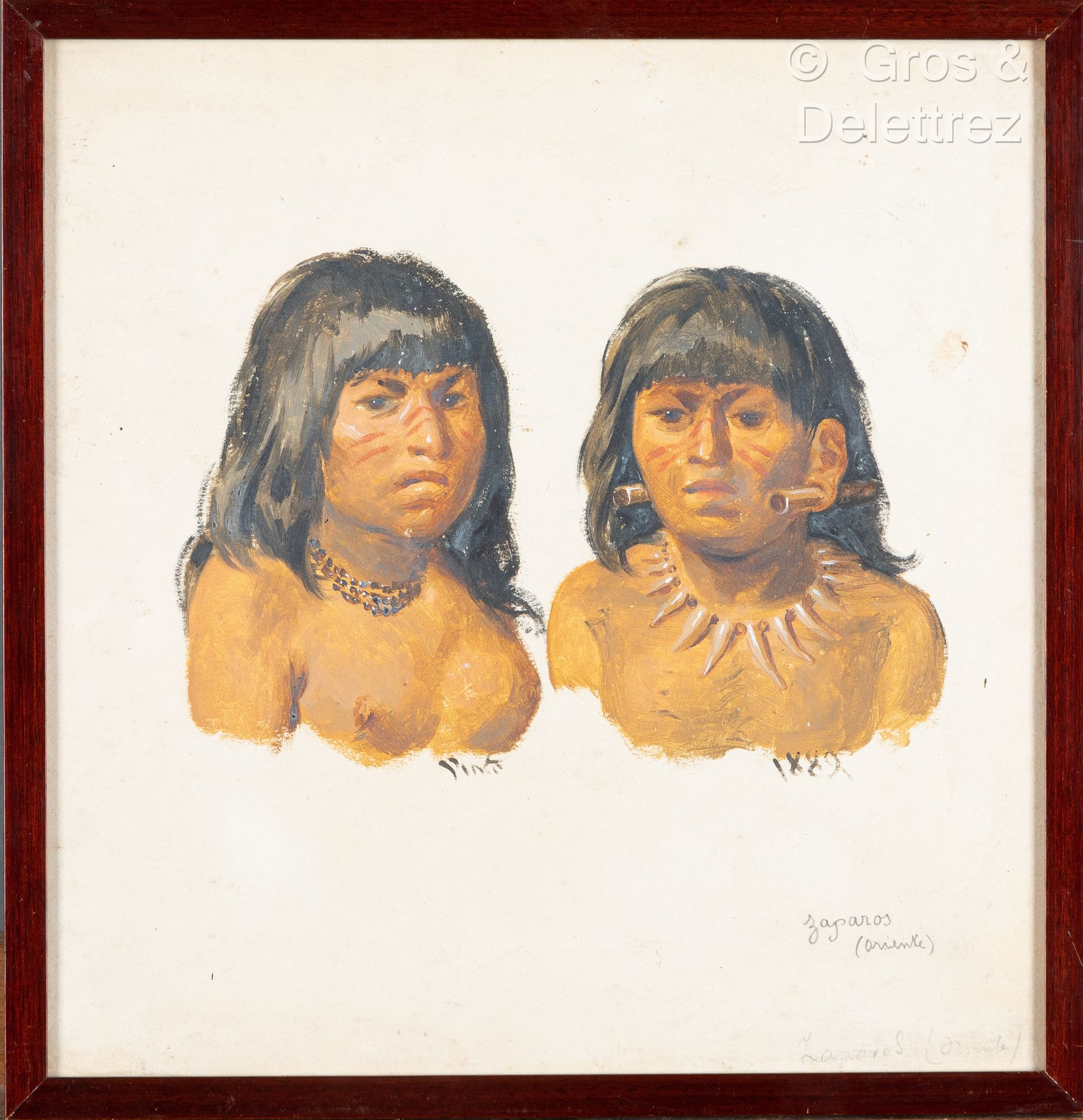 Null 华金-平托 (1842-1906)
两个Zaparos的肖像，1889年
纸上水粉画，左下方有签名、标题和日期
30 x 29厘米，有坑洼和彩色玻璃