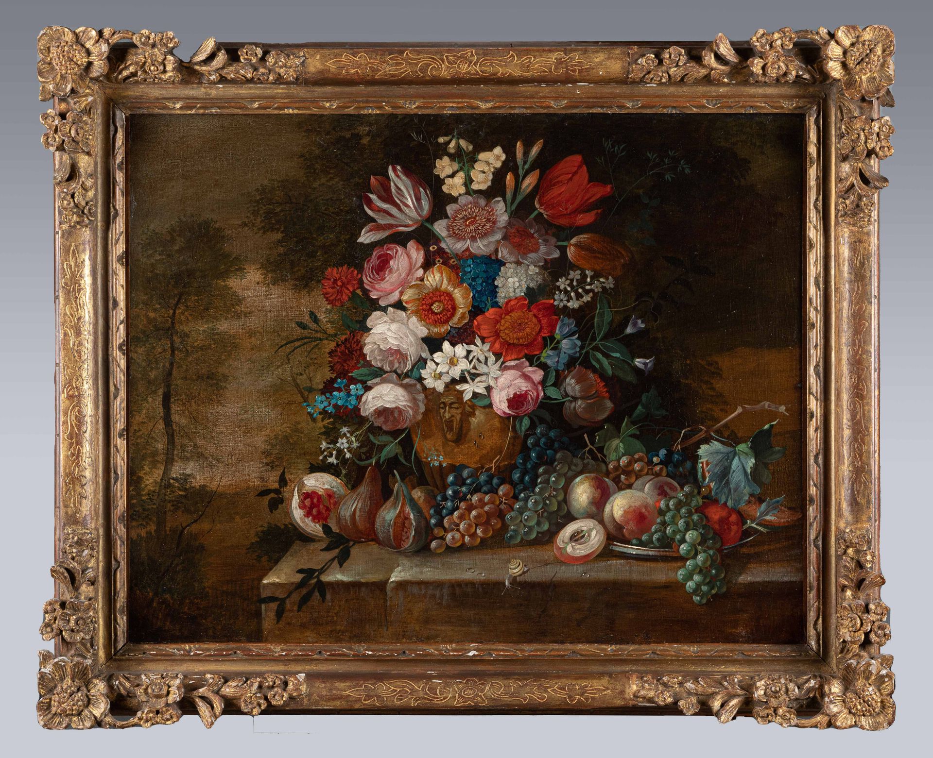 Null 17世纪风格的荷兰学校
花卉和水果的静物画
一对布面油画
70 x 90厘米。雕刻和镀金的木框