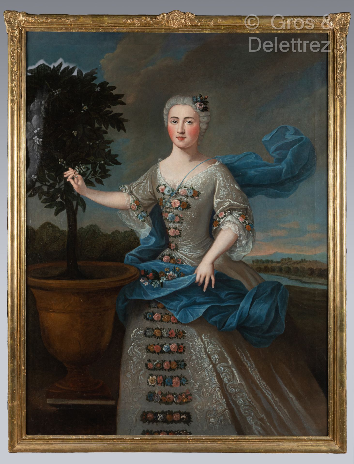 Null *18世纪的法国画派
穿着灰色衣服的妇女采摘花的画像
布面油画
162 x 118厘米。重新清洗、修复并重新上色