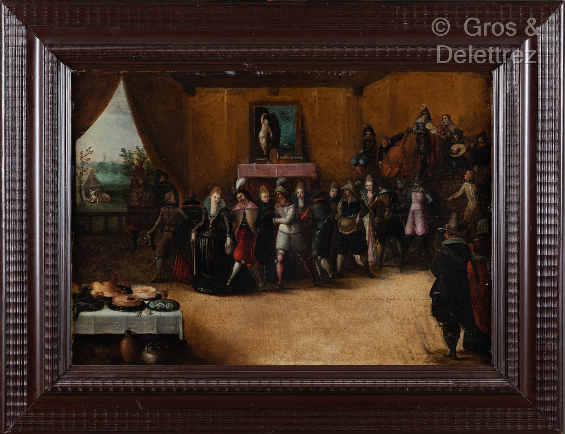 Null 弗朗斯二世-弗朗肯（安特卫普1562-1723）和他的工作室
室内的舞者和音乐家夫妇
镶木板
高：54厘米
宽度：78厘米
旧的修复品
这幅迷人的作品&hellip;