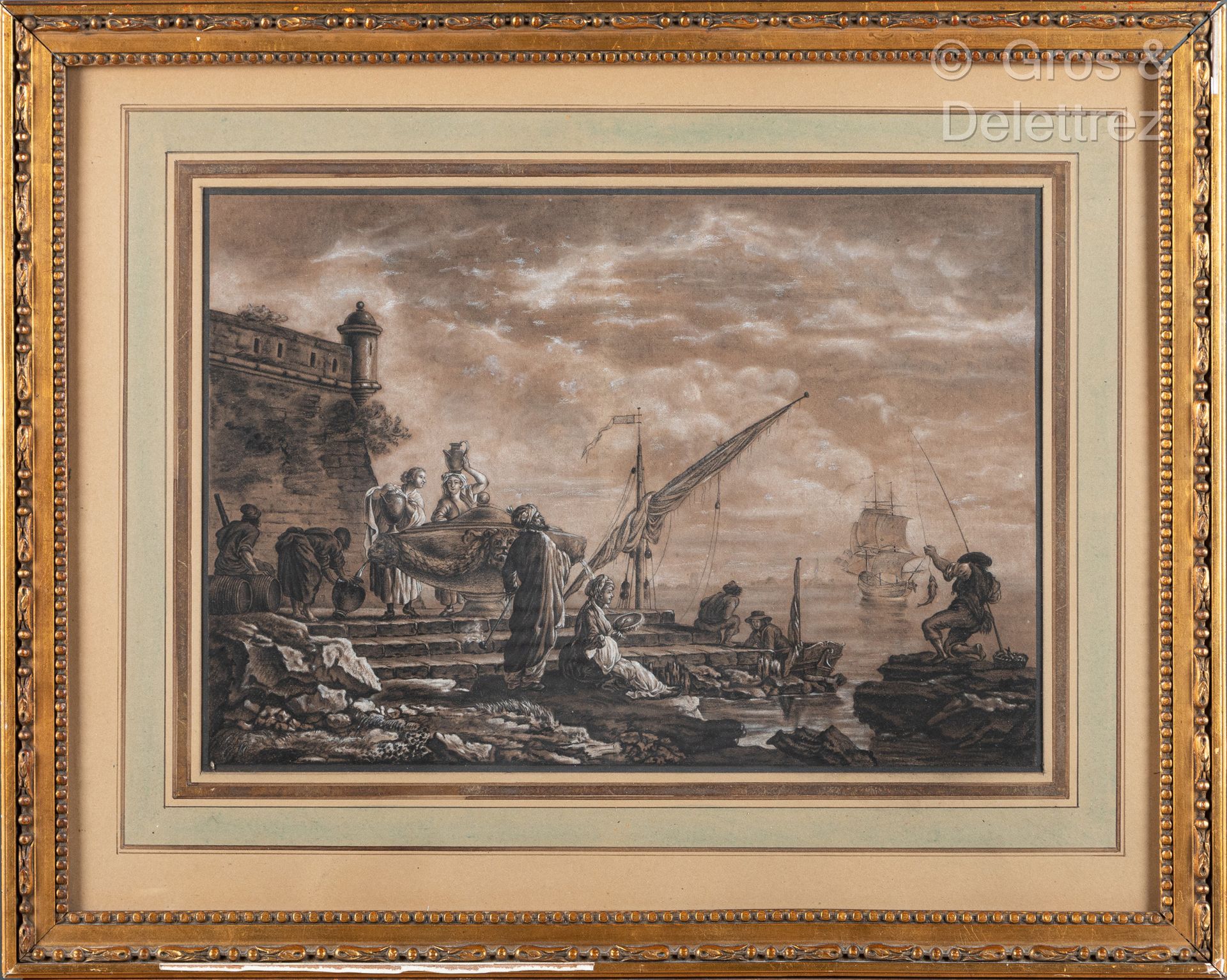 Null 18世纪法国学校
有瀑布的风景和港口前的苏丹
棕色纸上的炭笔和粉笔
30 x 44厘米，有皱纹