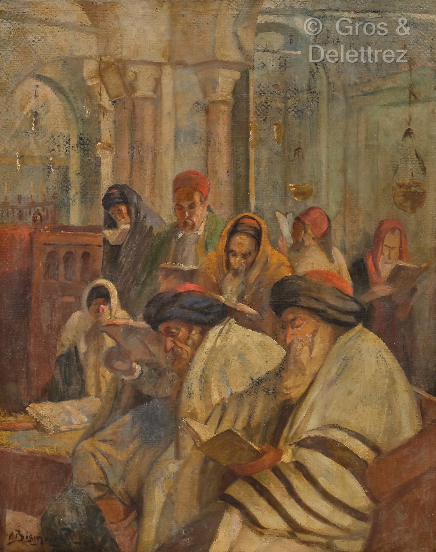 Null 莫里斯-比斯蒙 (1891-1965)
祈祷场景，突尼斯犹太教堂，1943年
布面油画。
左下方有签名、位置和日期
92 x 73 cm