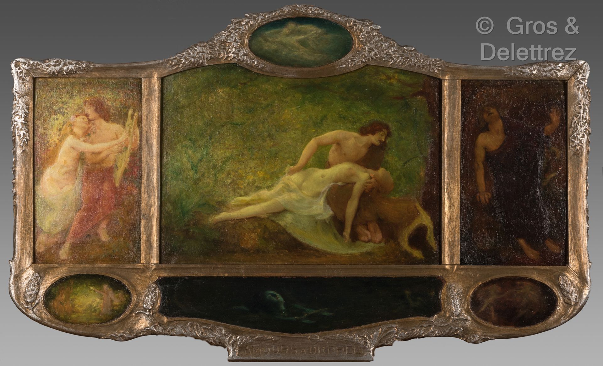 Null 十九世纪末至二十世纪初的学校
奥菲斯的爱 
同一画框中的三幅油画。
画框的面板上，本身就装饰着四幅油画。 
60 x 98厘米 

这些画板描绘了一对&hellip;